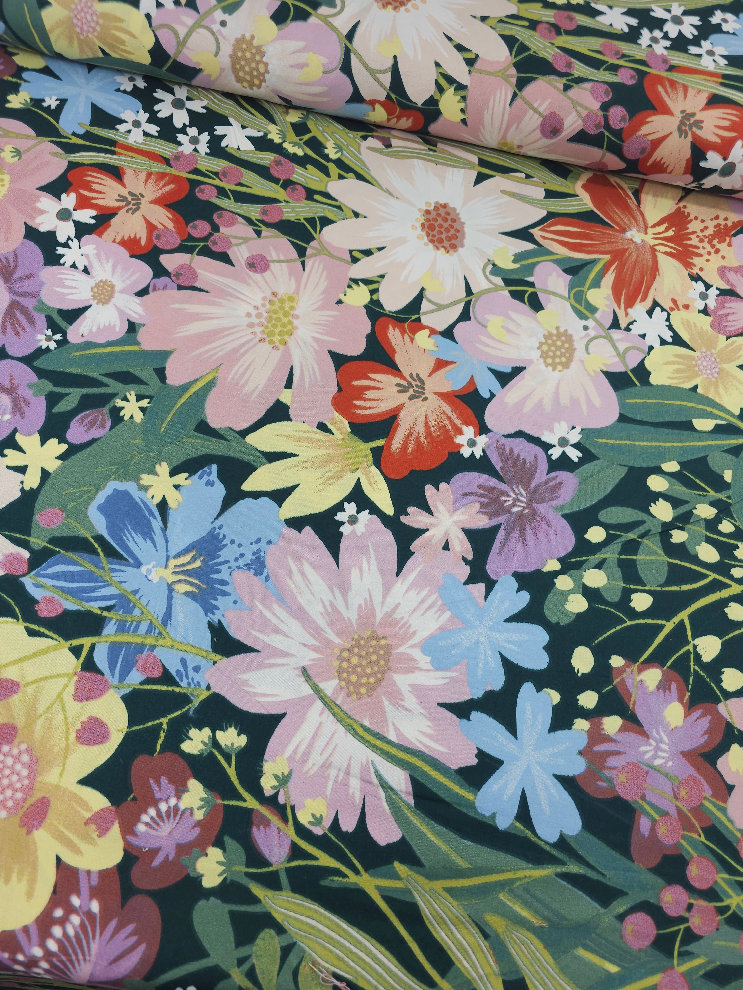 Bottle Green Large Meadow Floral 100% Cotton 98"