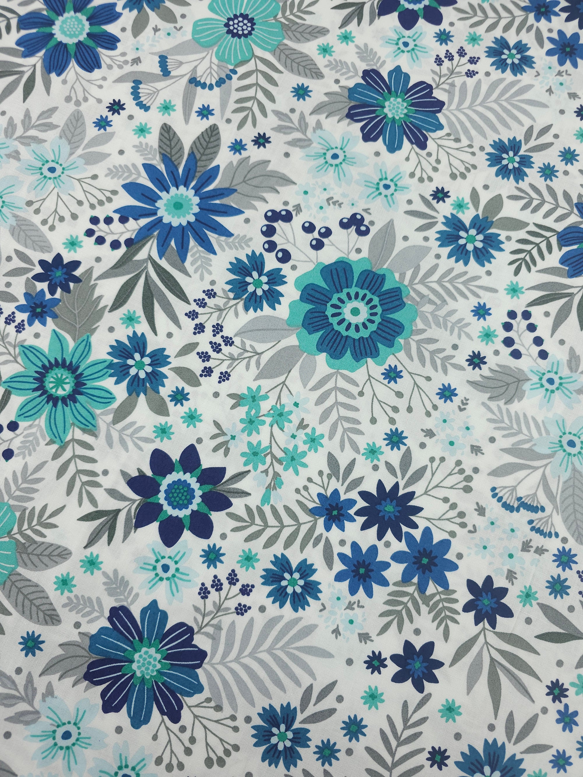 Teal/Grey Cottage Garden Floral 100% Cotton - Benartex