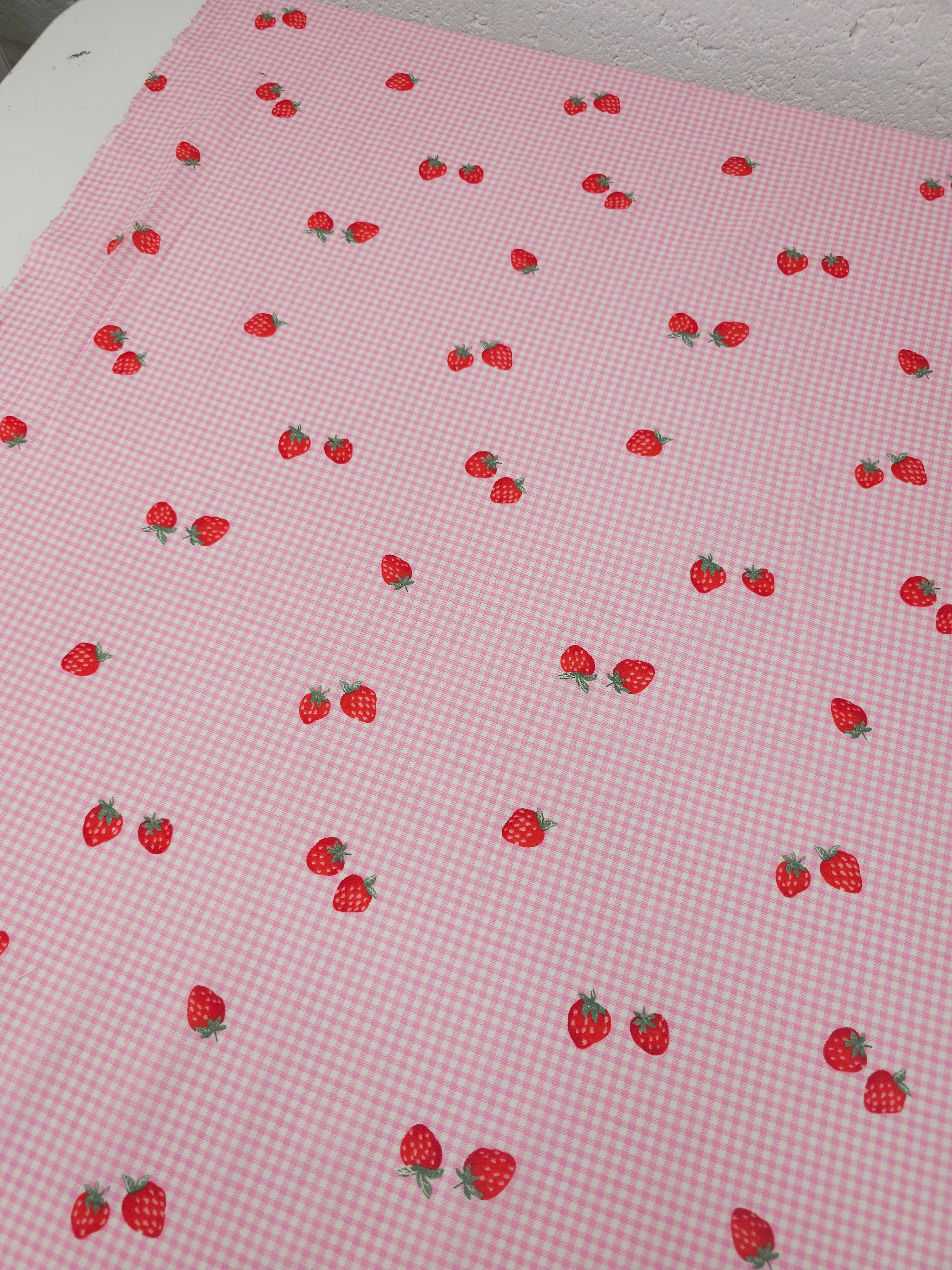 Pink Gingham Floating Strawberry Lightweight Cotton
