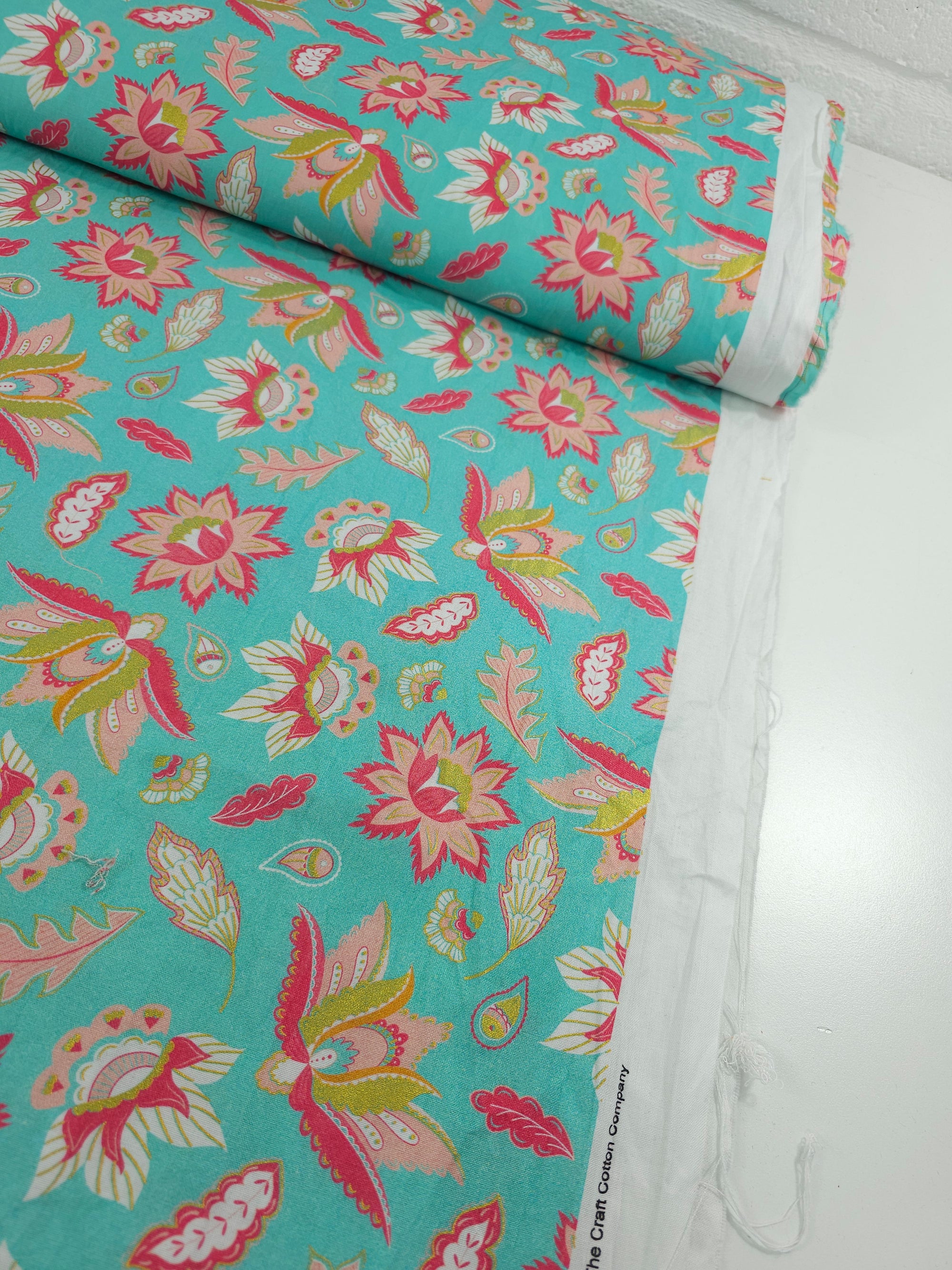 Turquoise/Pink Retro Floral 100% Cotton