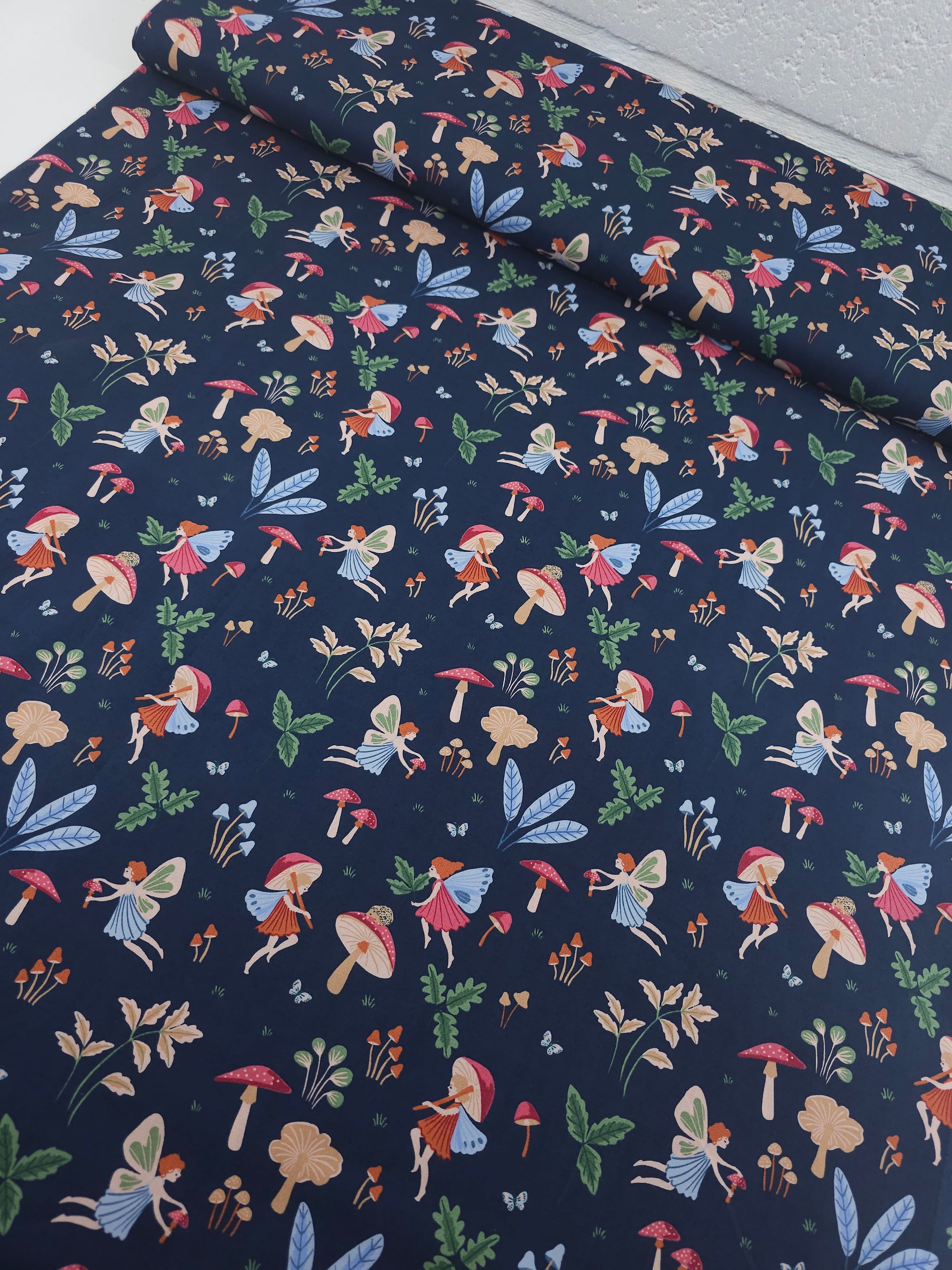 Navy Mushroom Fairy Garden 100% Cotton 57"