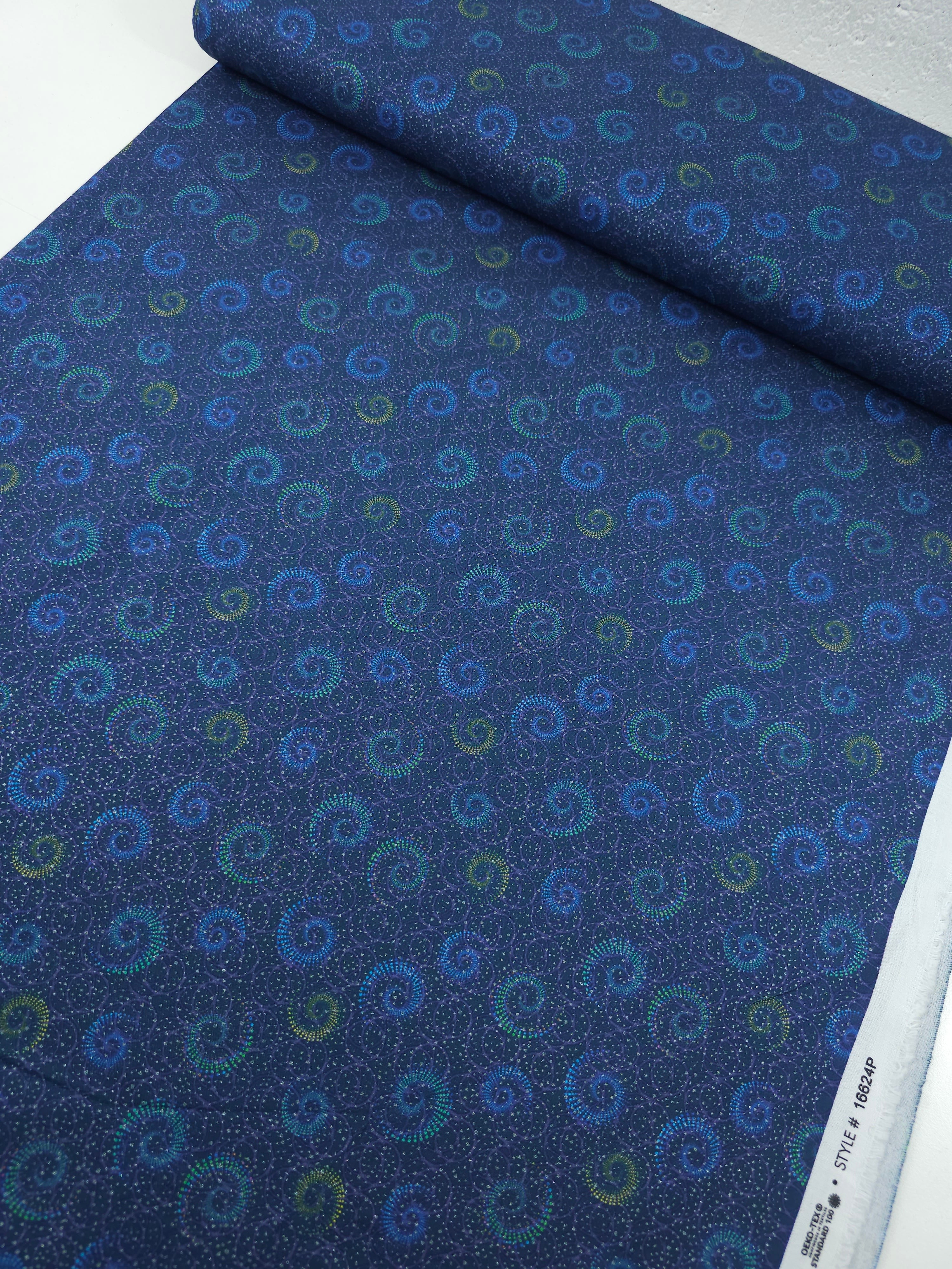 Petrol Navy/Silver Sparkler Swirl 100% Cotton - Benartex