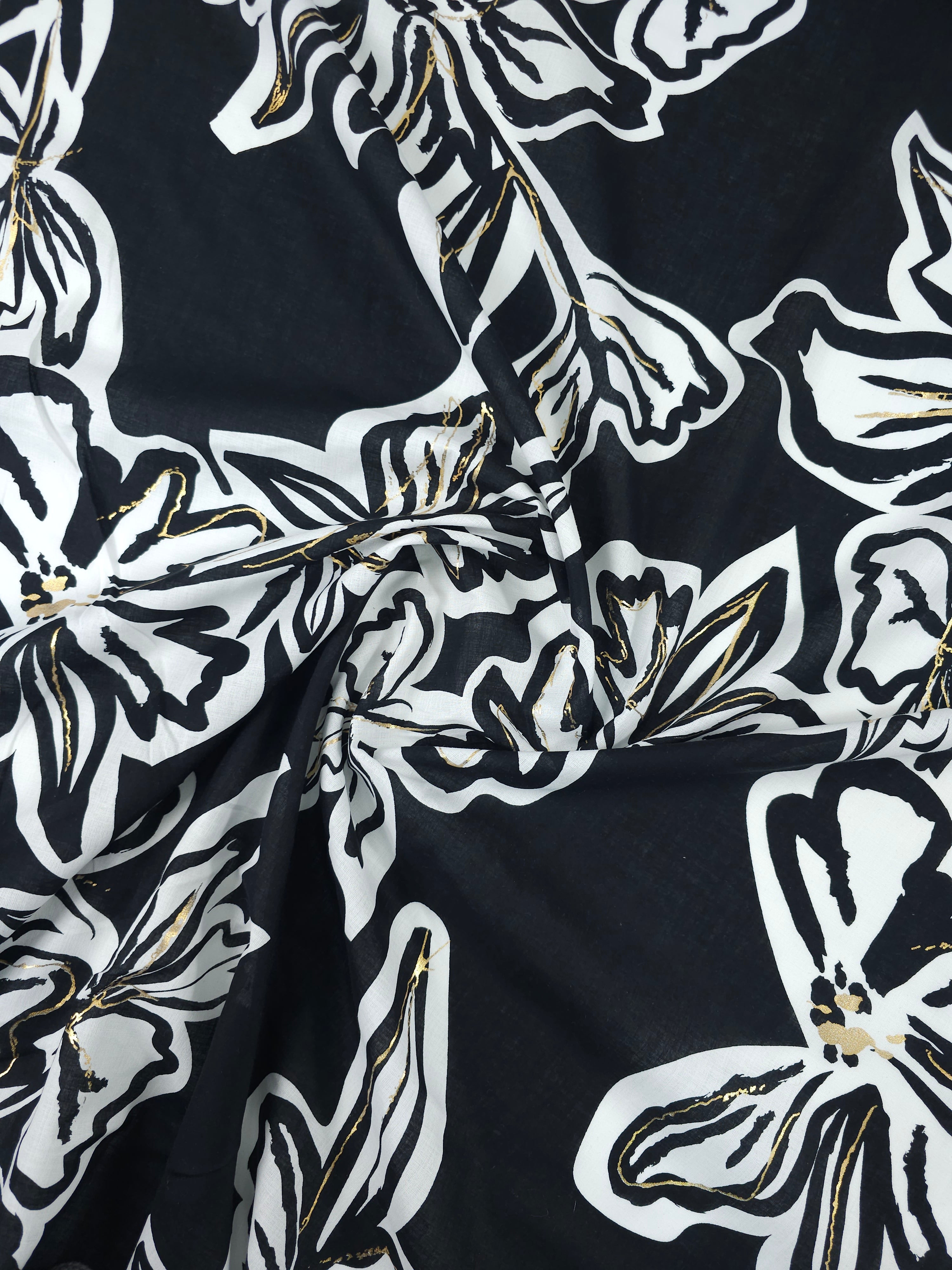 Black/Gold Foil Large Floral Cotton Voile