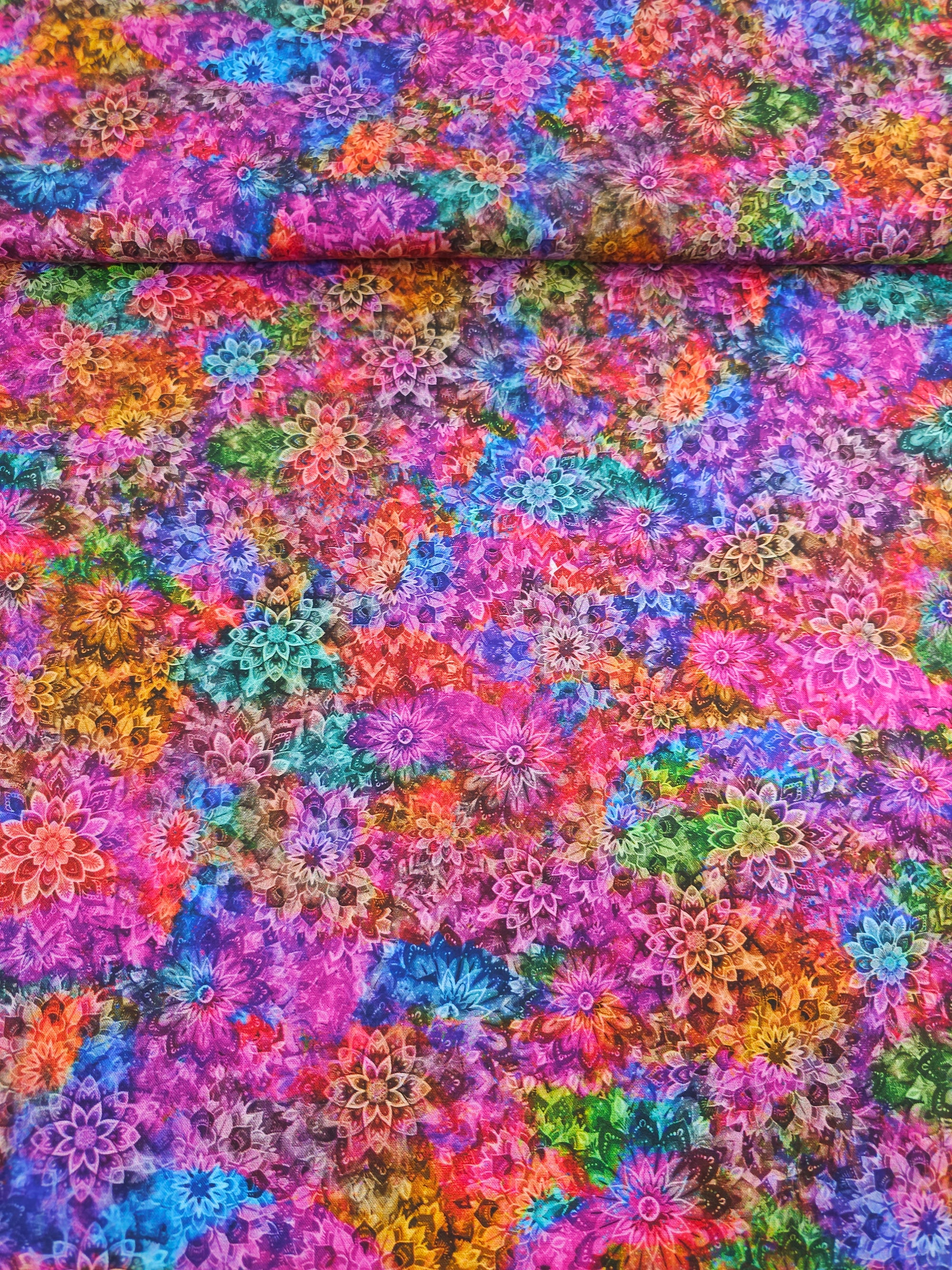 Deep Multicolour Dancing Dahlias Kaleidoscope 100% Cotton