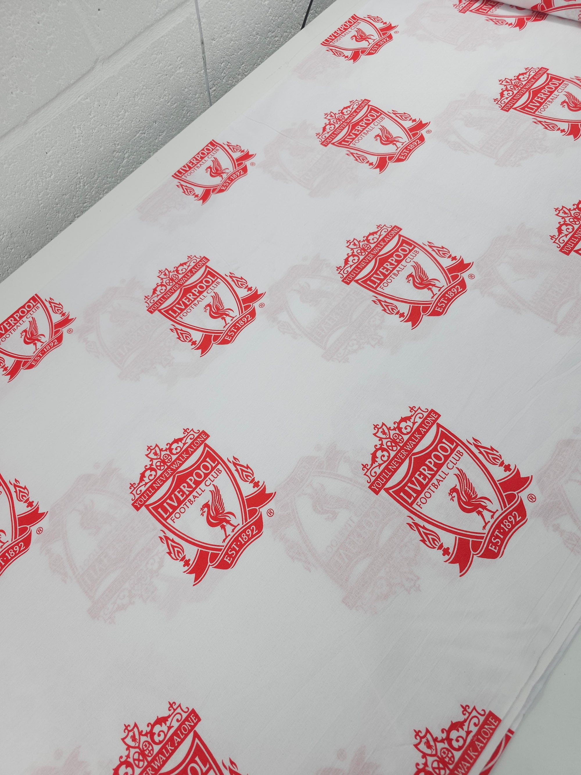 White/Red Liverpool FC Emblem 100% Cotton Football Fabric 106" *EXTRA WIDE*