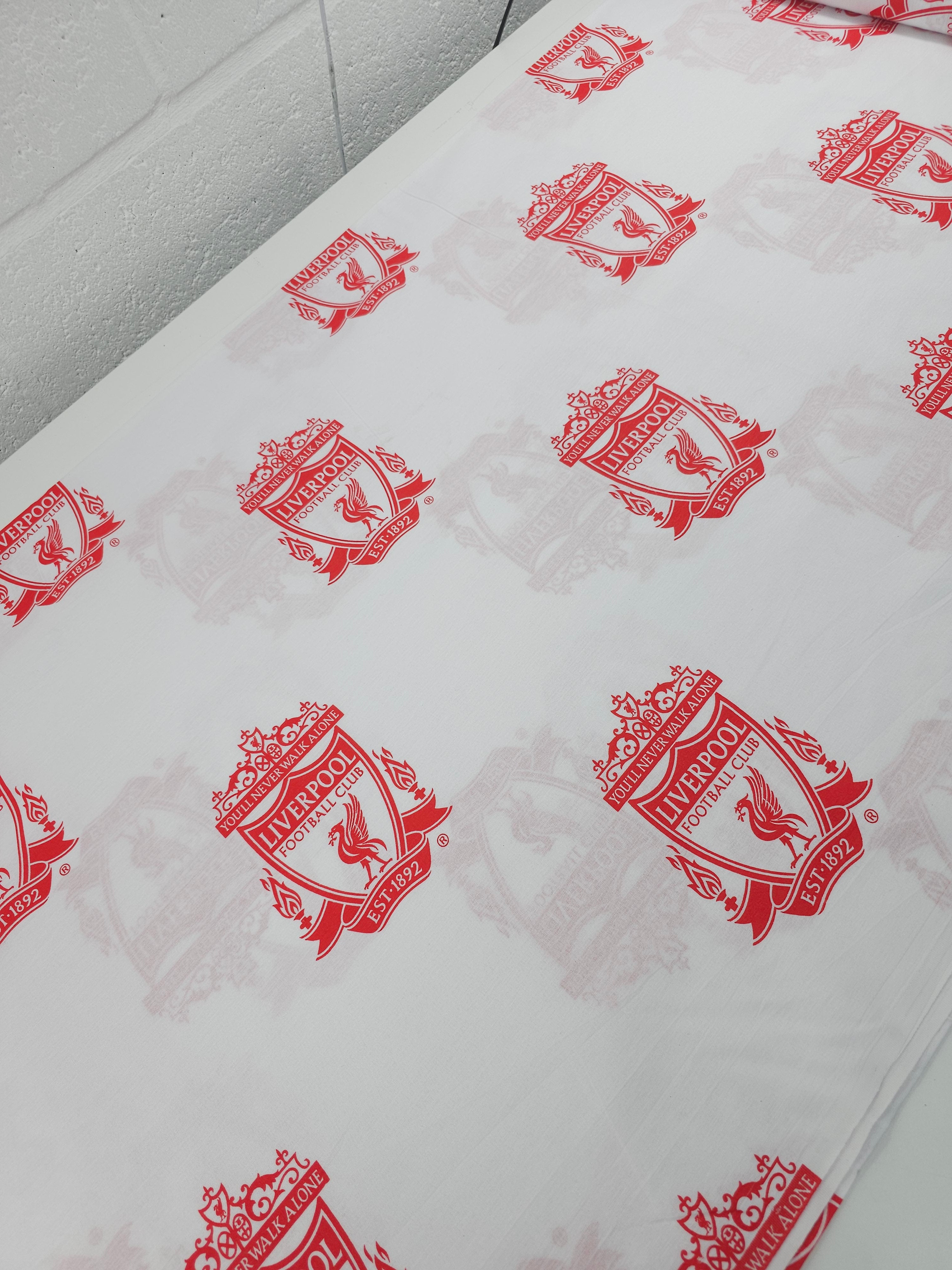 White/Red Liverpool FC Emblem 100% Cotton Football Fabric 106" *EXTRA WIDE*