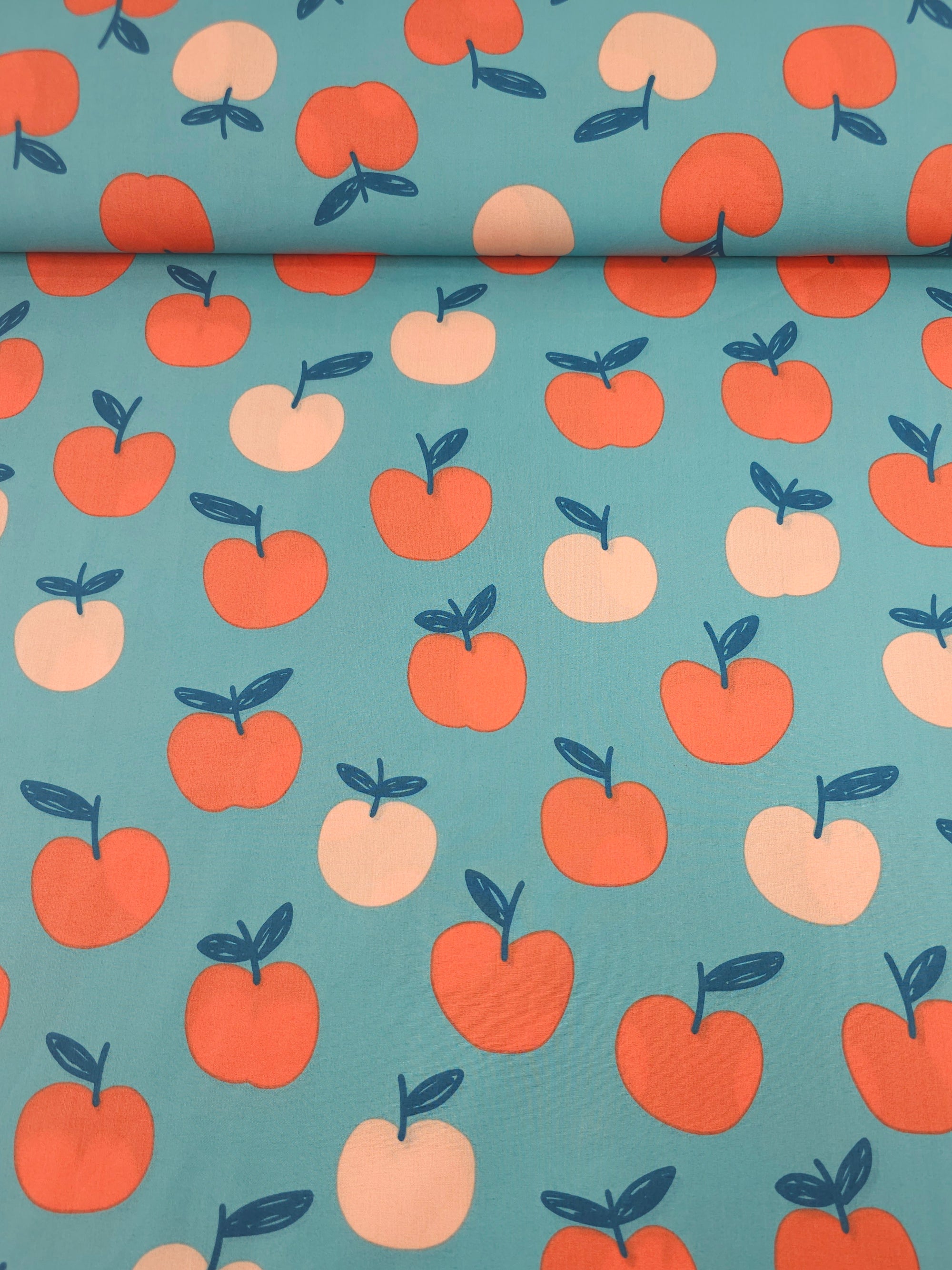 Aqua Blue Floating Apples 100% Cotton 60"