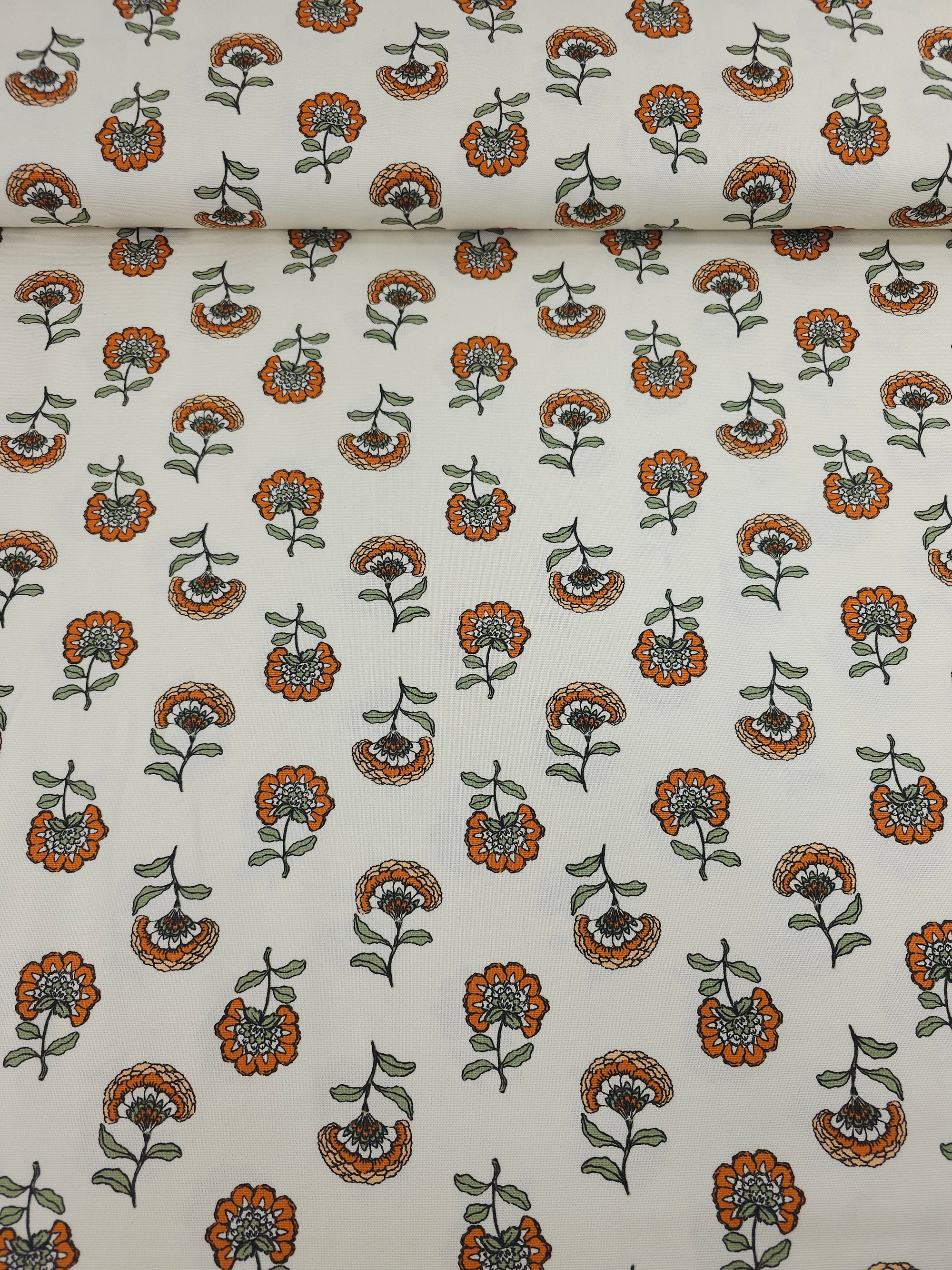 Orange/Green Floating Flowers Lightweight Canvas Cotton