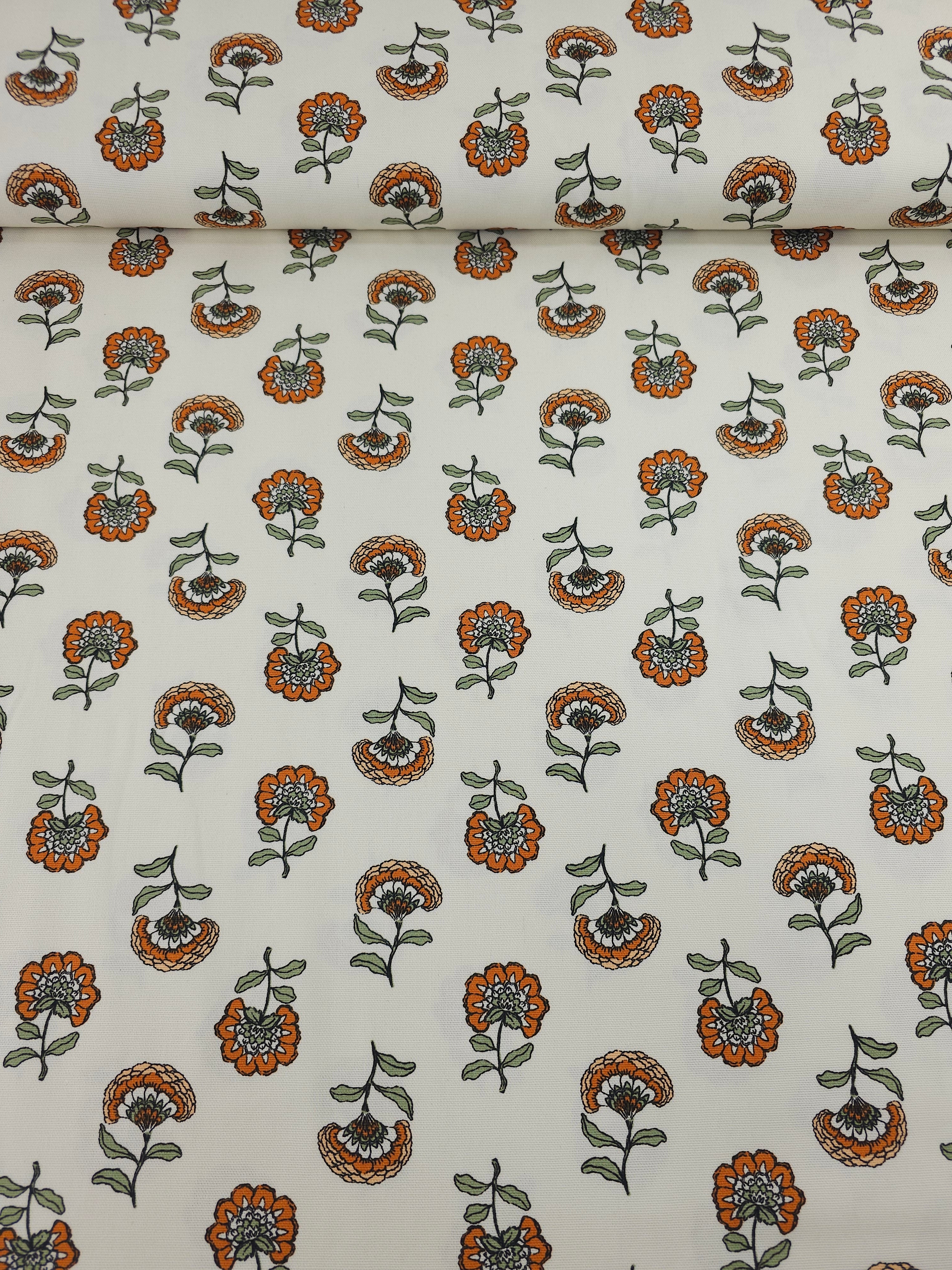 Orange/Green Floating Flowers Lightweight Canvas Cotton