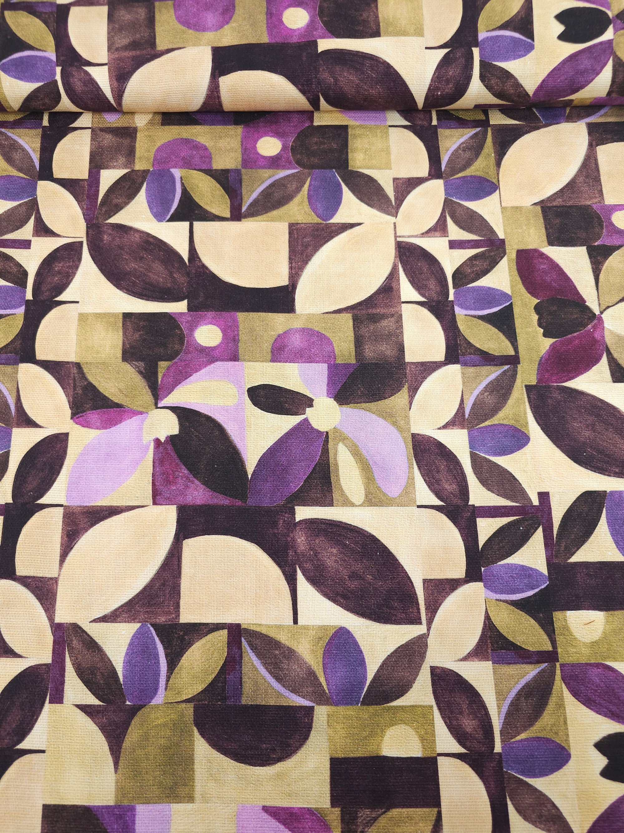 Aubergine/Beige Abstract Tiles Lightweight Canvas Cotton