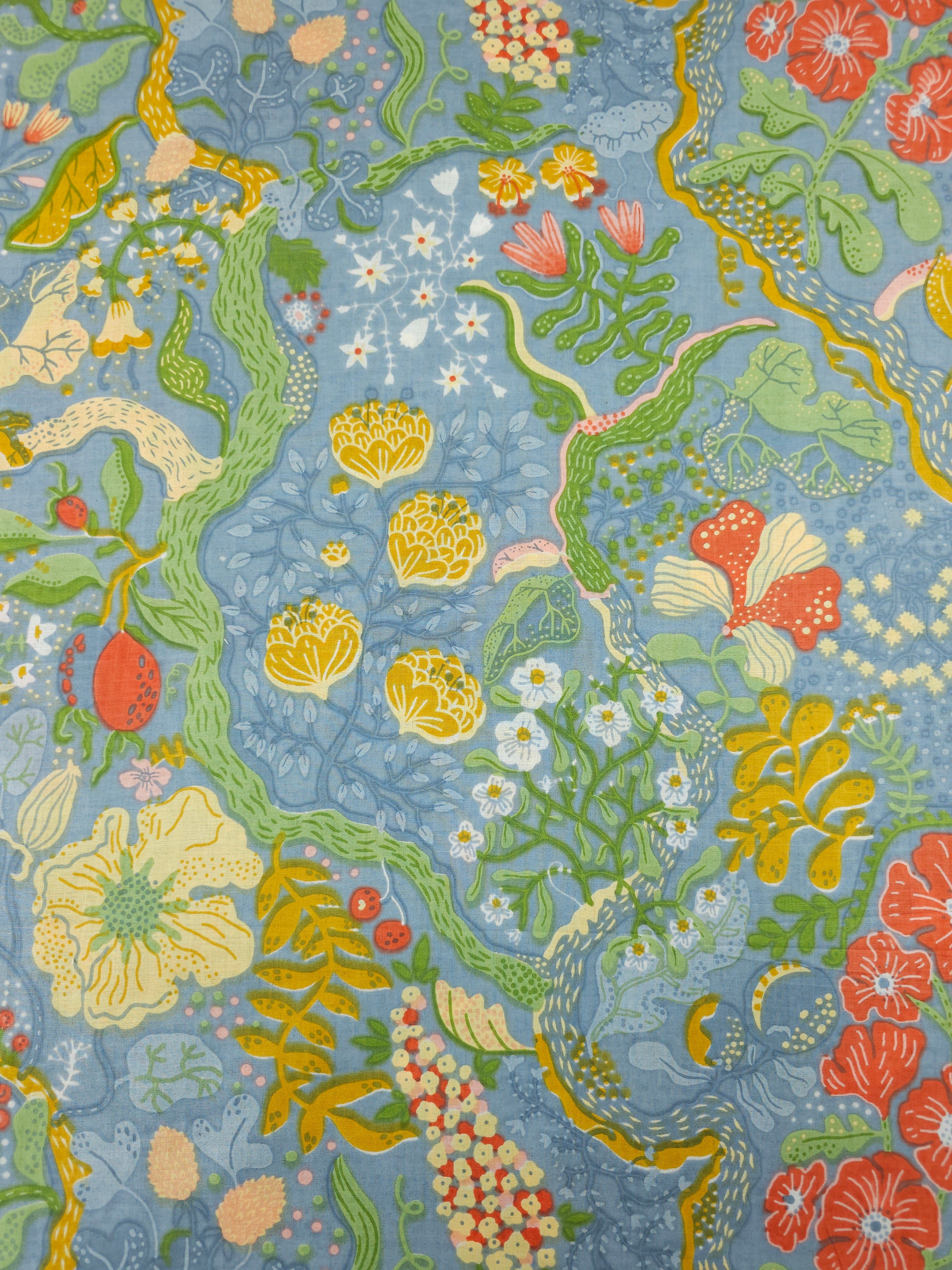 Petrol Blue Floral Whirl Garden Cambric Cotton