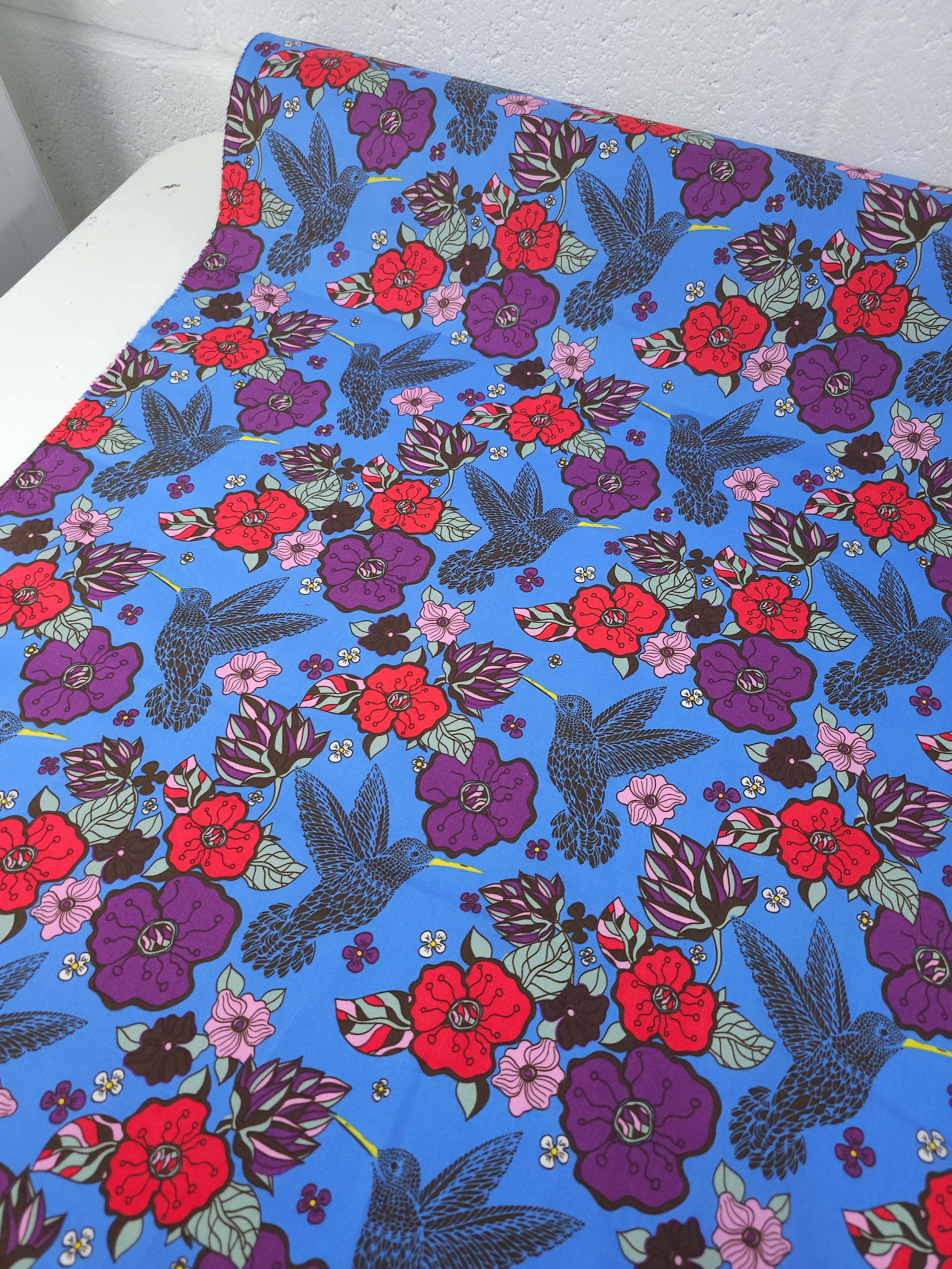 Blue Pop Bird Floral Cotton Poplin