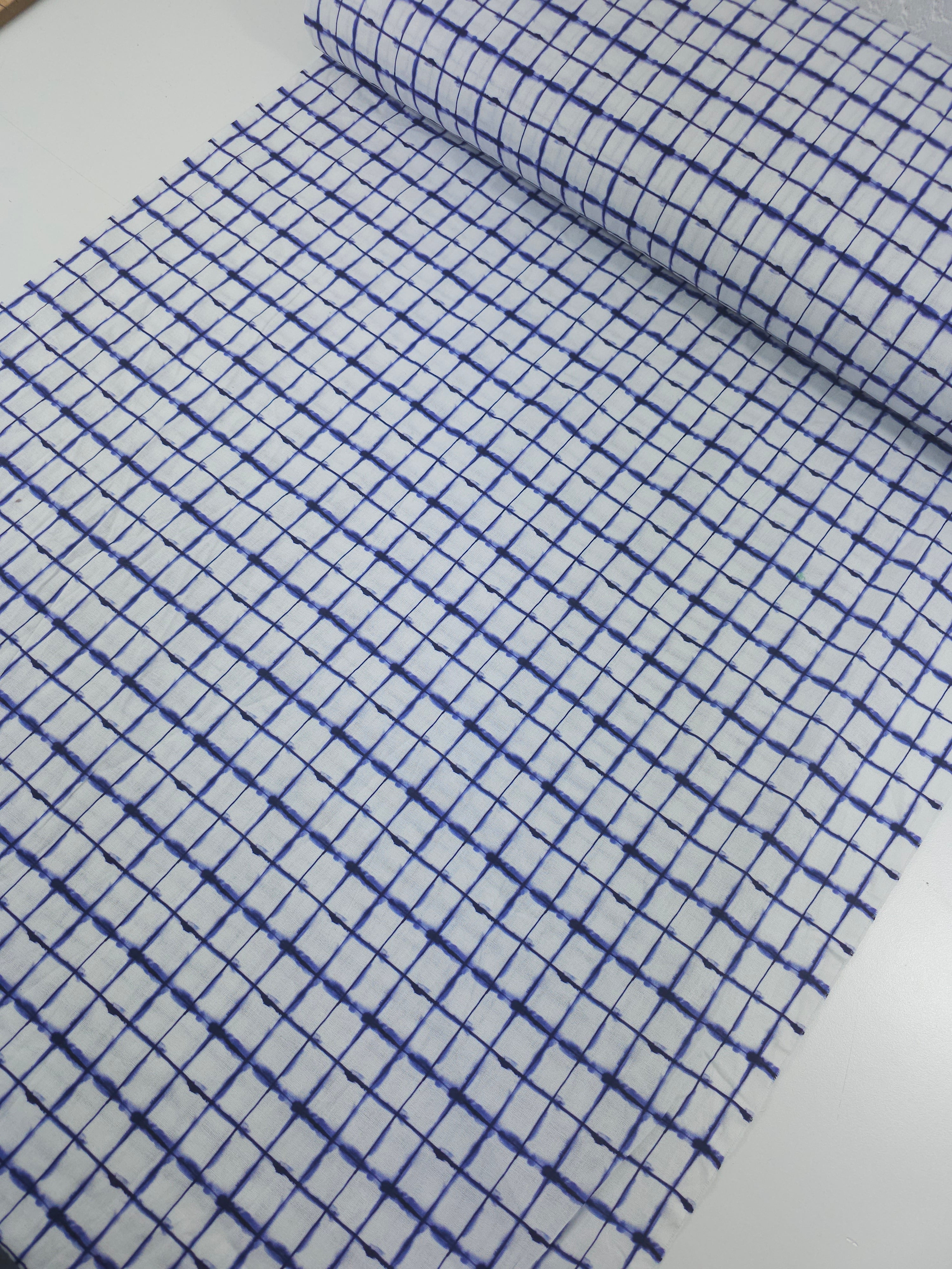 Indigo/White Smudge Square Check 100% Cotton
