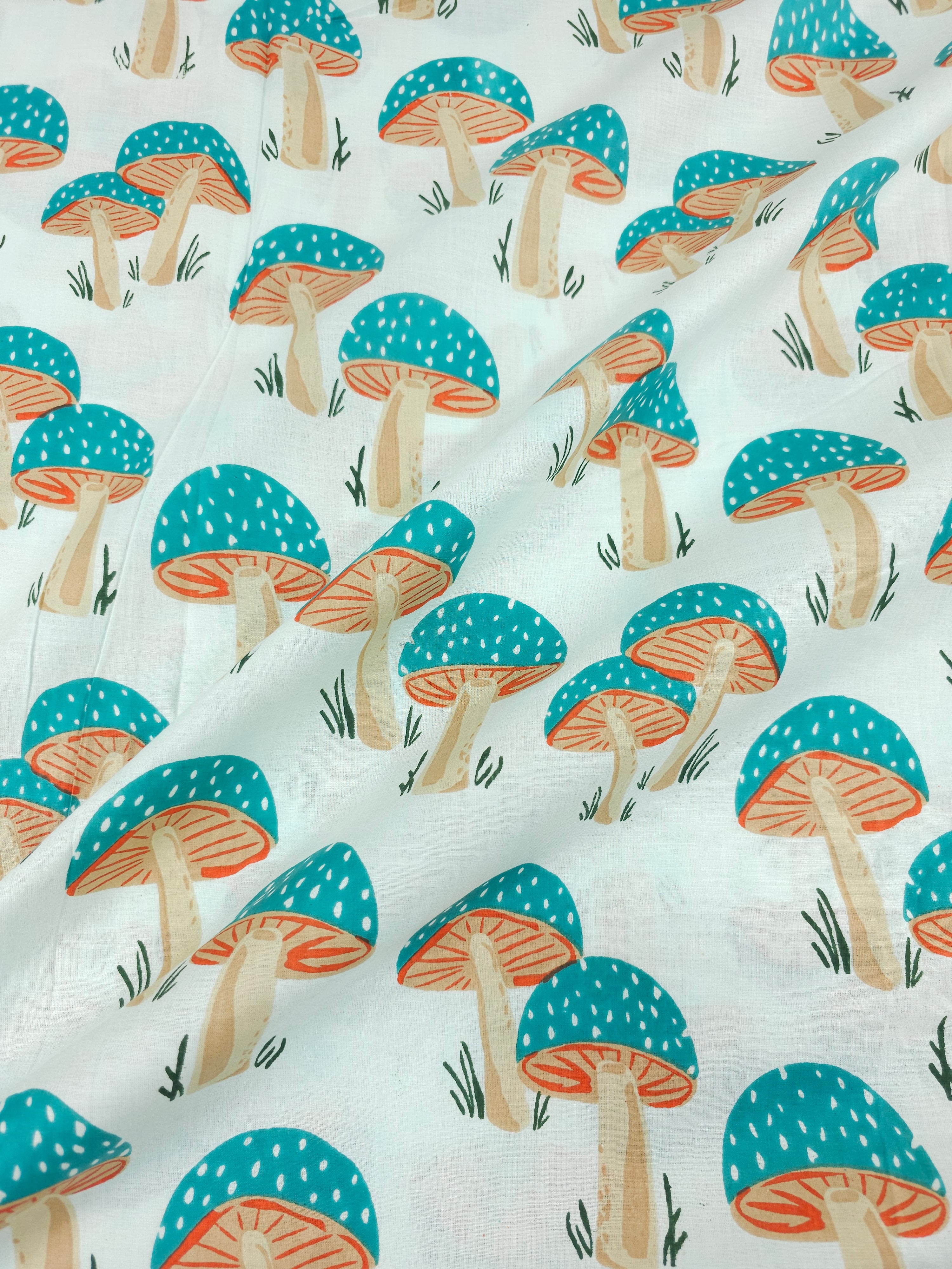 Light Teal Mushroom Block Print Cotton