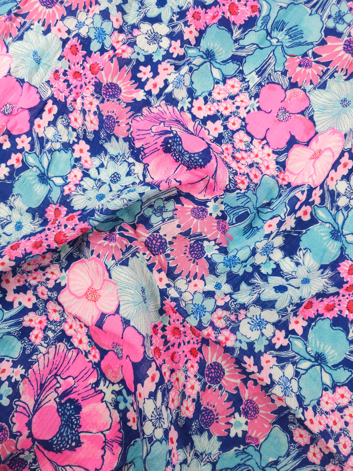 Neon Pink/Blue Floral Bloom Crinkled Double Gauze - Lilly Pulitzer