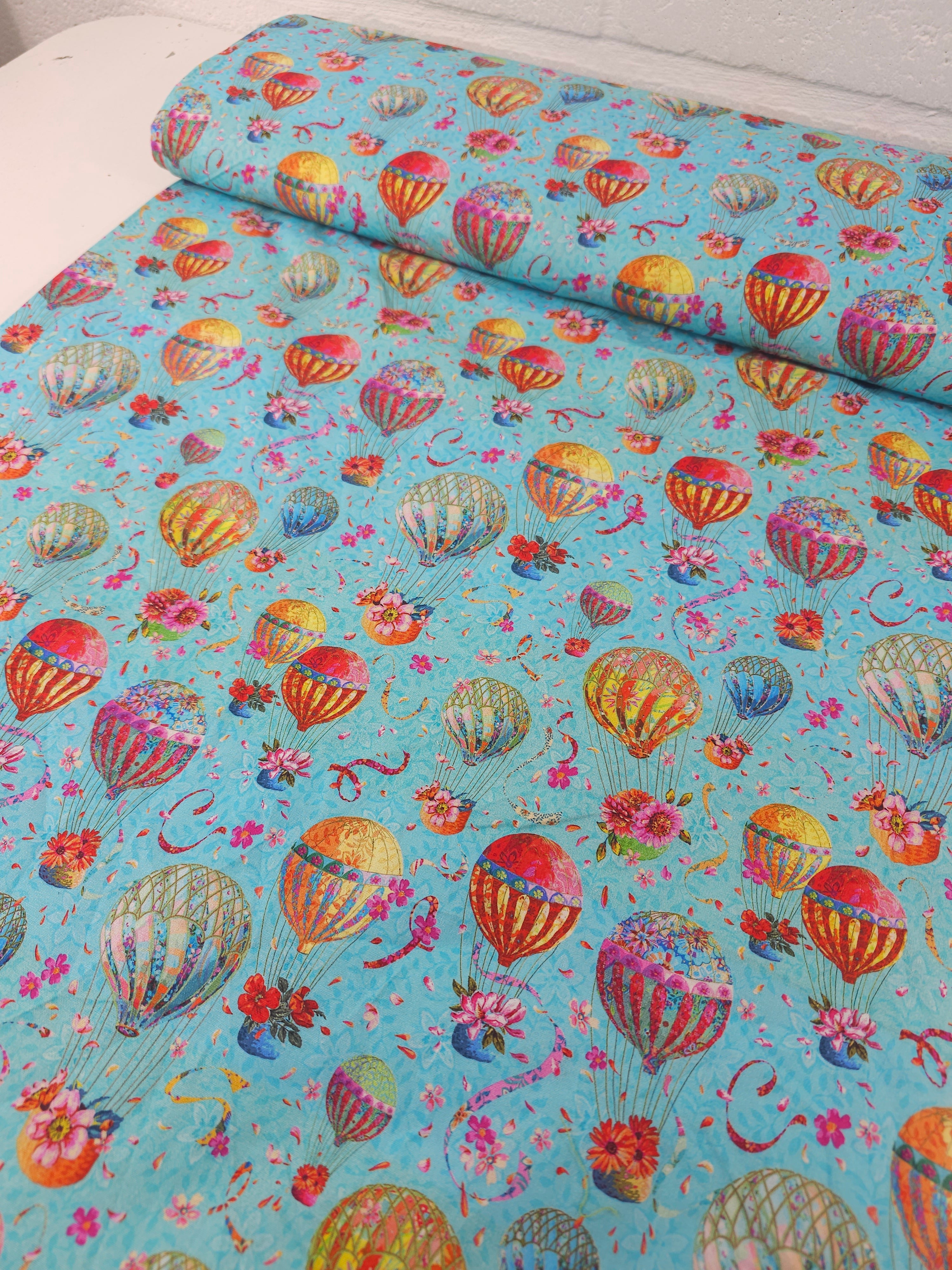Light Blue Air Balloon Festival 100% Cotton - Odile Bailloeul