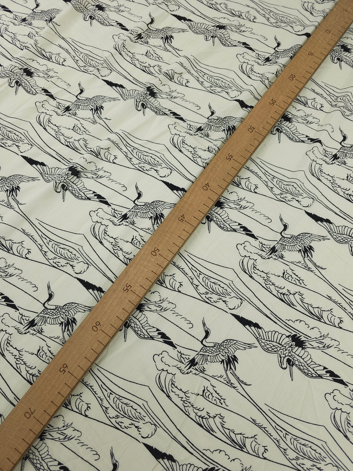 Creamy Ivory/Black Japanese Crane Crinkle Viscose