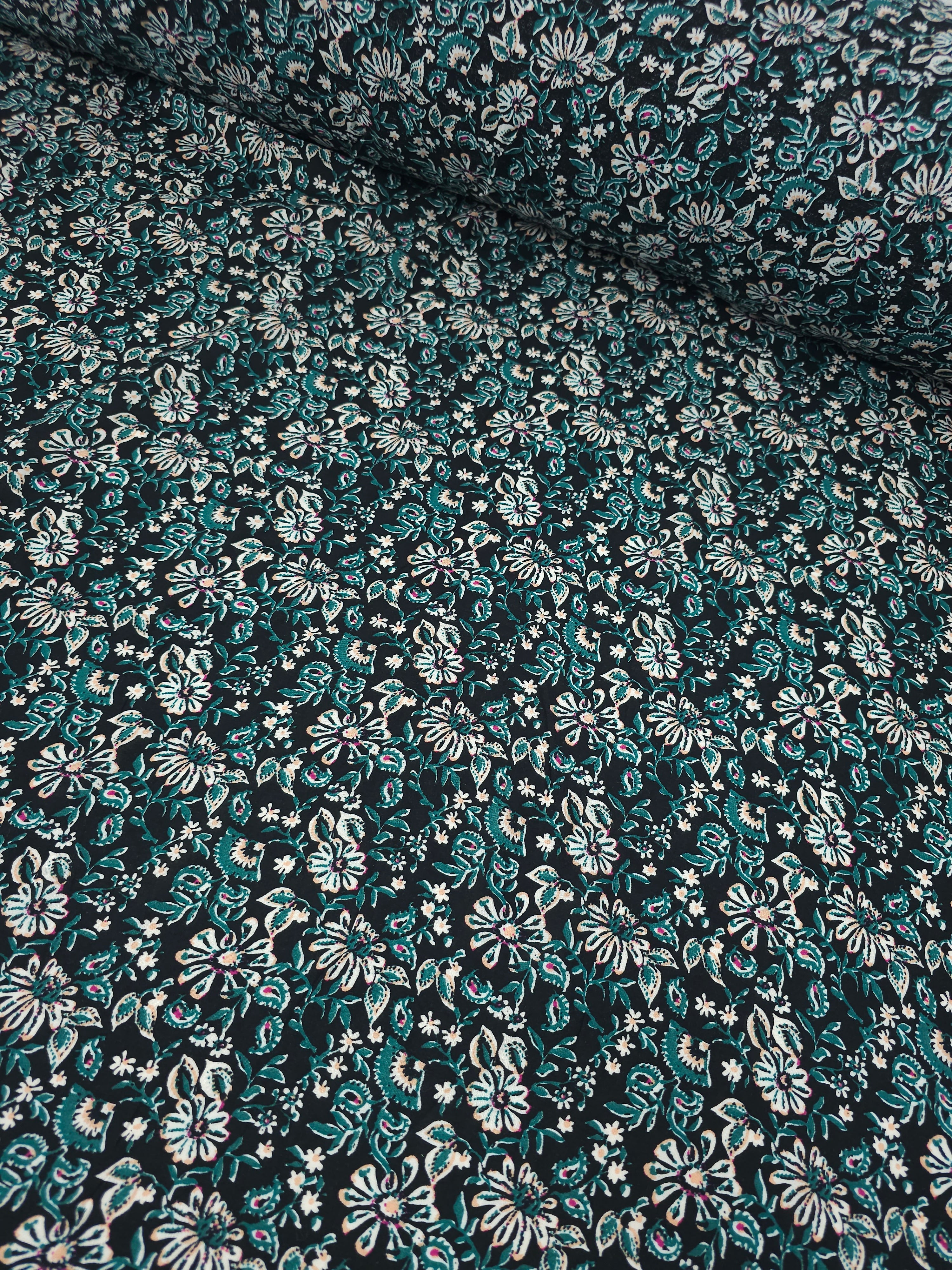 Peach/Dark Green Floral Paisley Viscose Challis