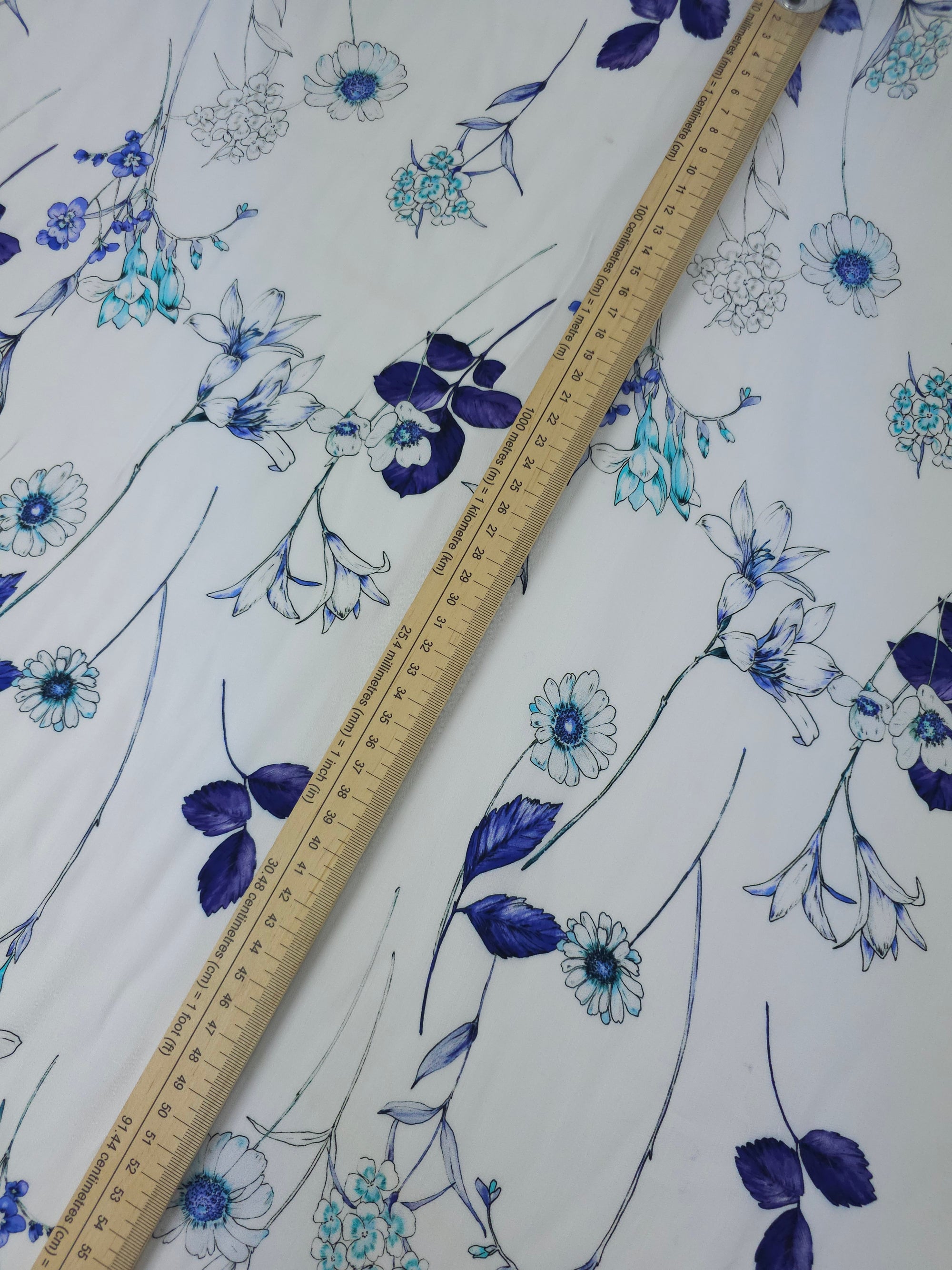 Blue/White Dainty Flower Stem Lightweight Viscose Satin
