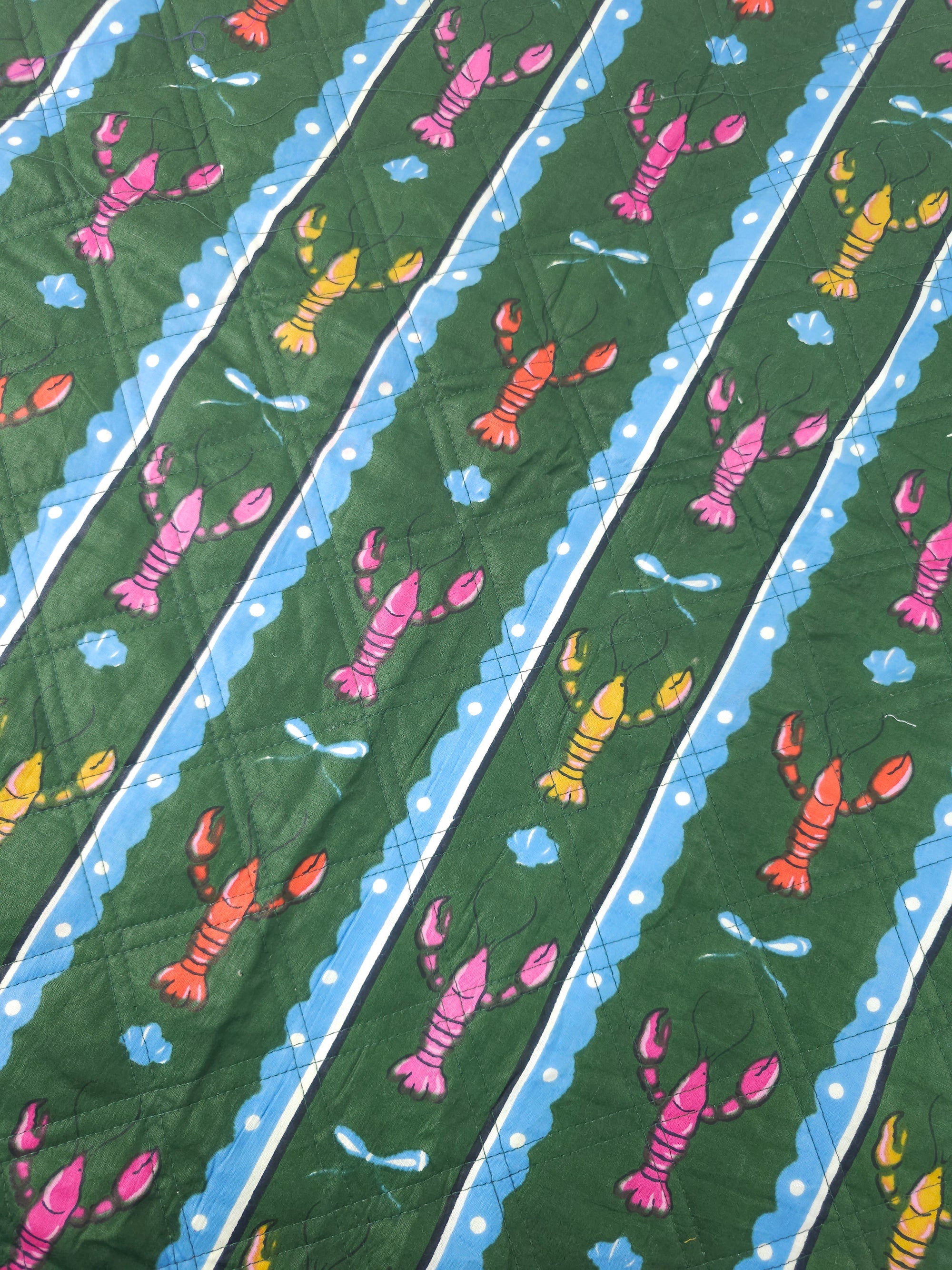 Green Lobster Stripe Quilted Screen Print - 1.35m Piece