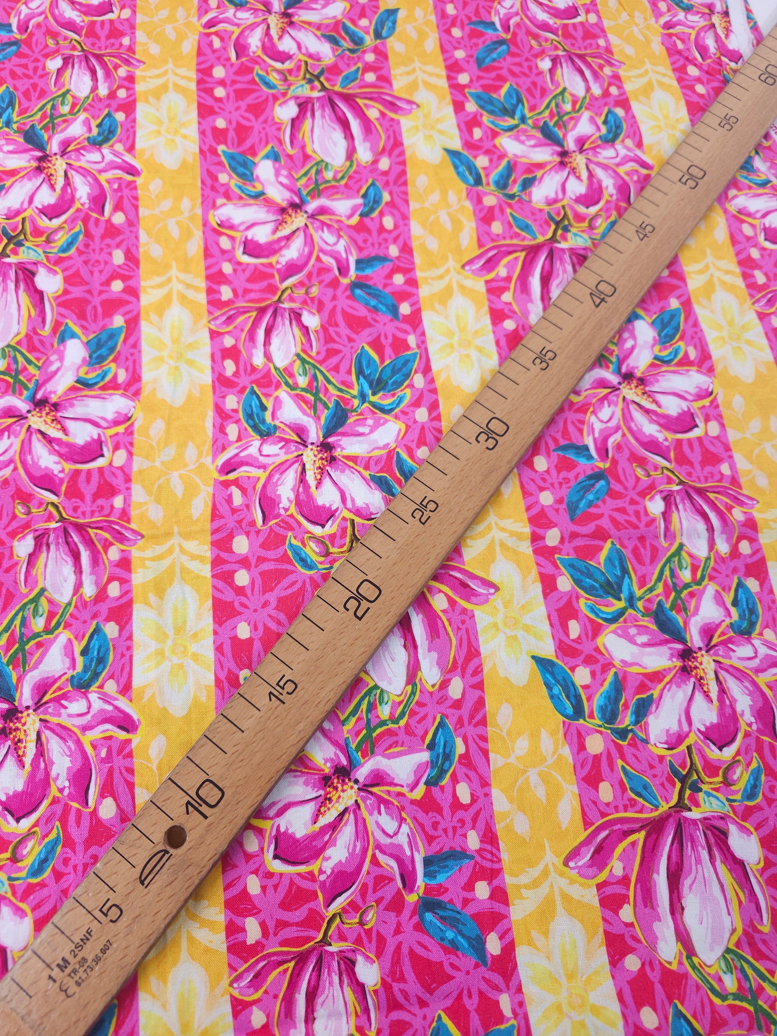 Pink Wild Magnolias Stripe 100% Cotton - Odile Bailloeul