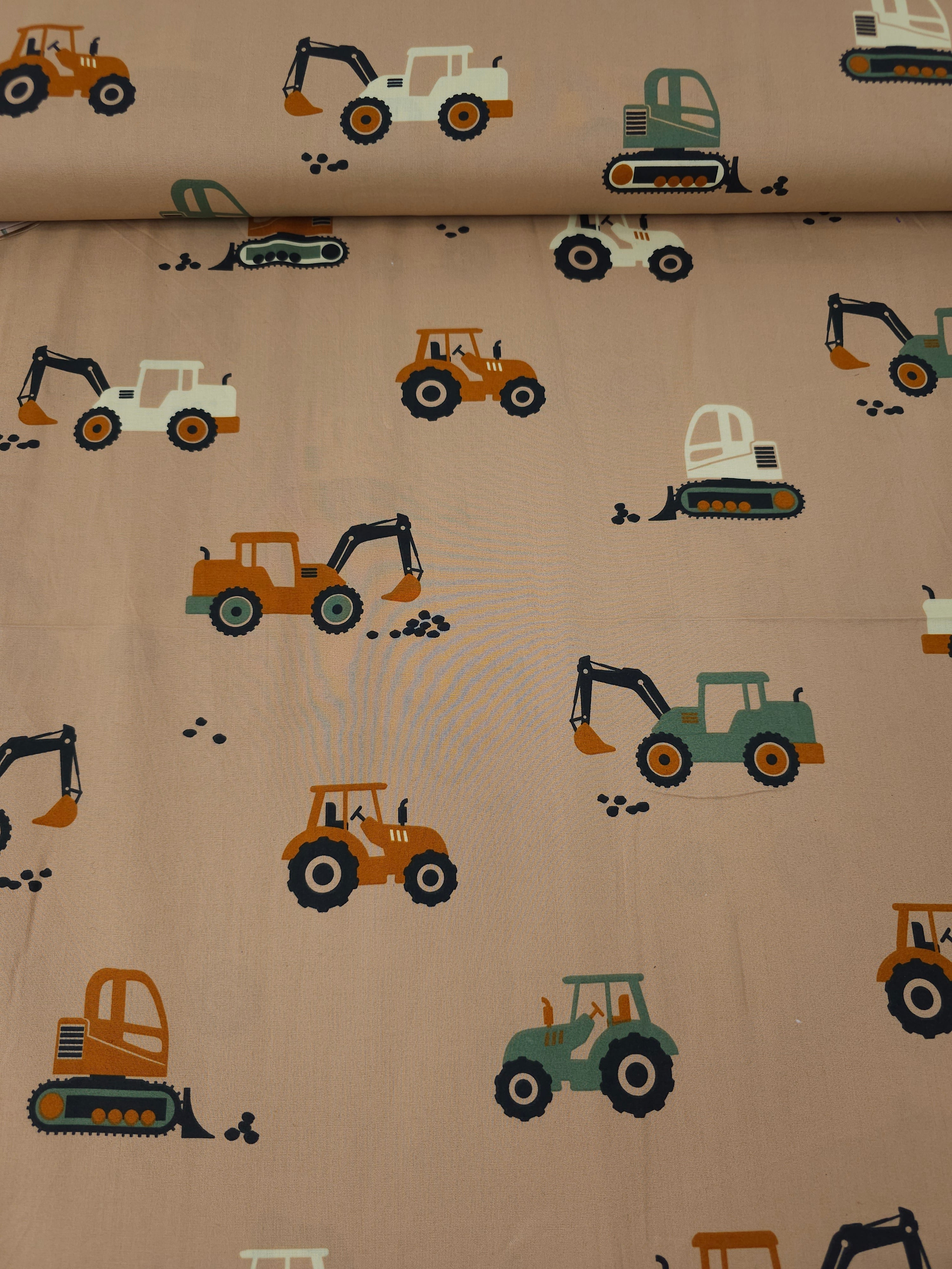 Khaki/Orange Tractors 100% Cotton 60"