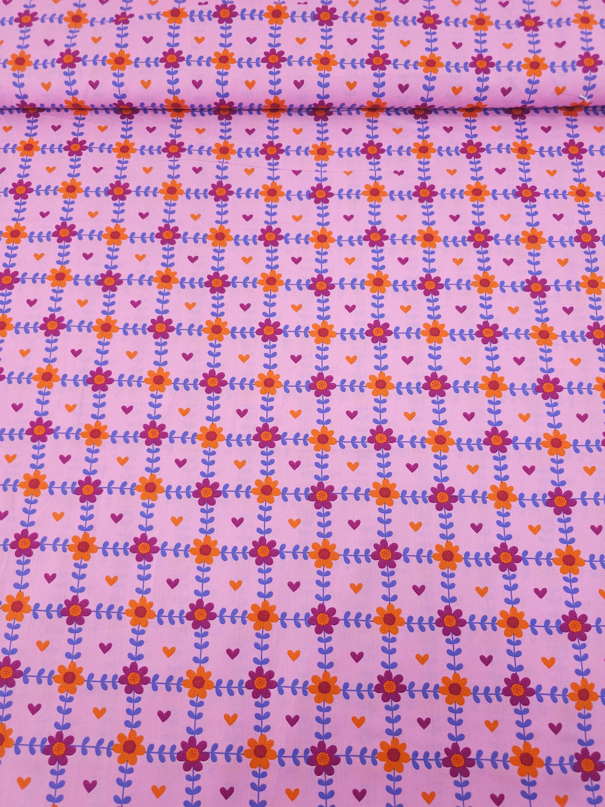 Pink Floral Grid Hearts Lightweight Cotton 57"