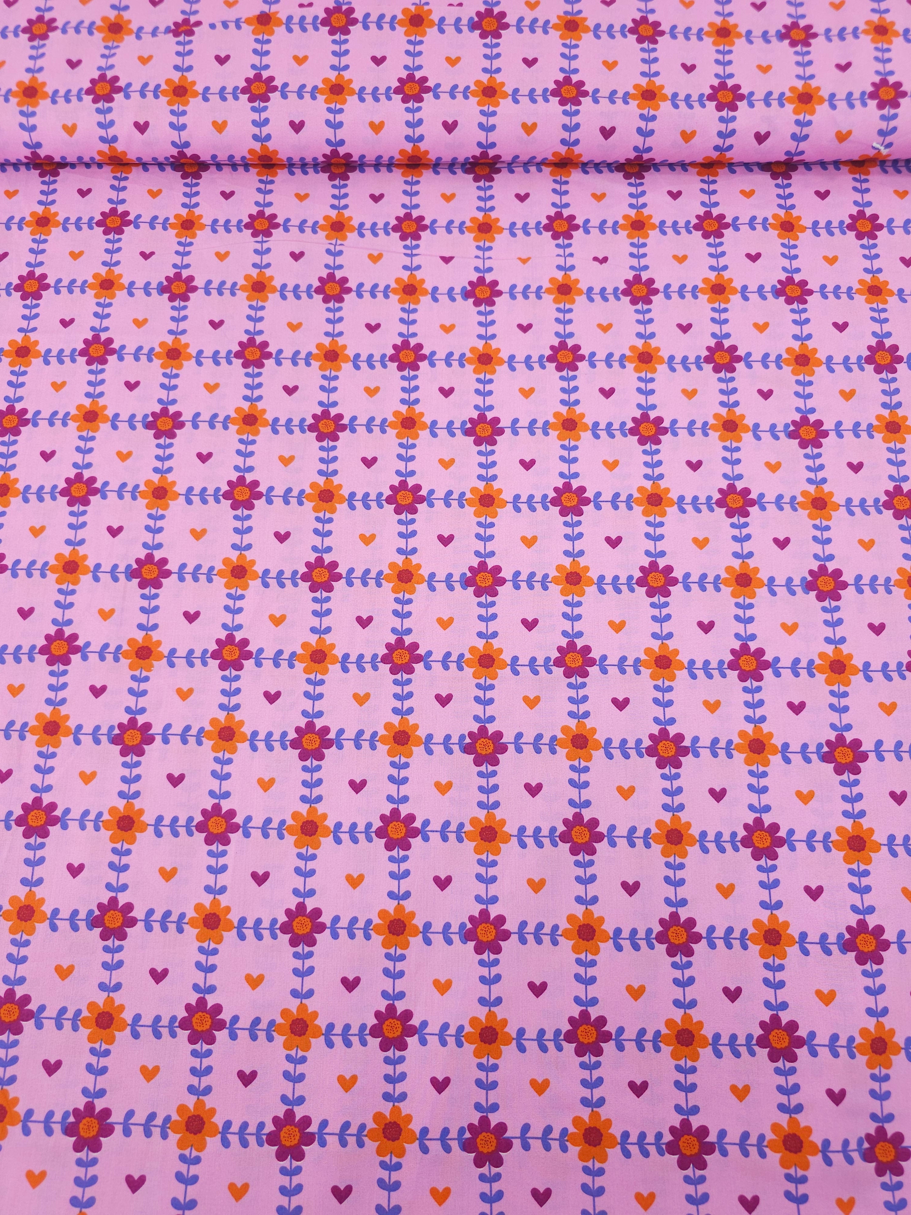Pink Floral Grid Hearts Lightweight Cotton 57"