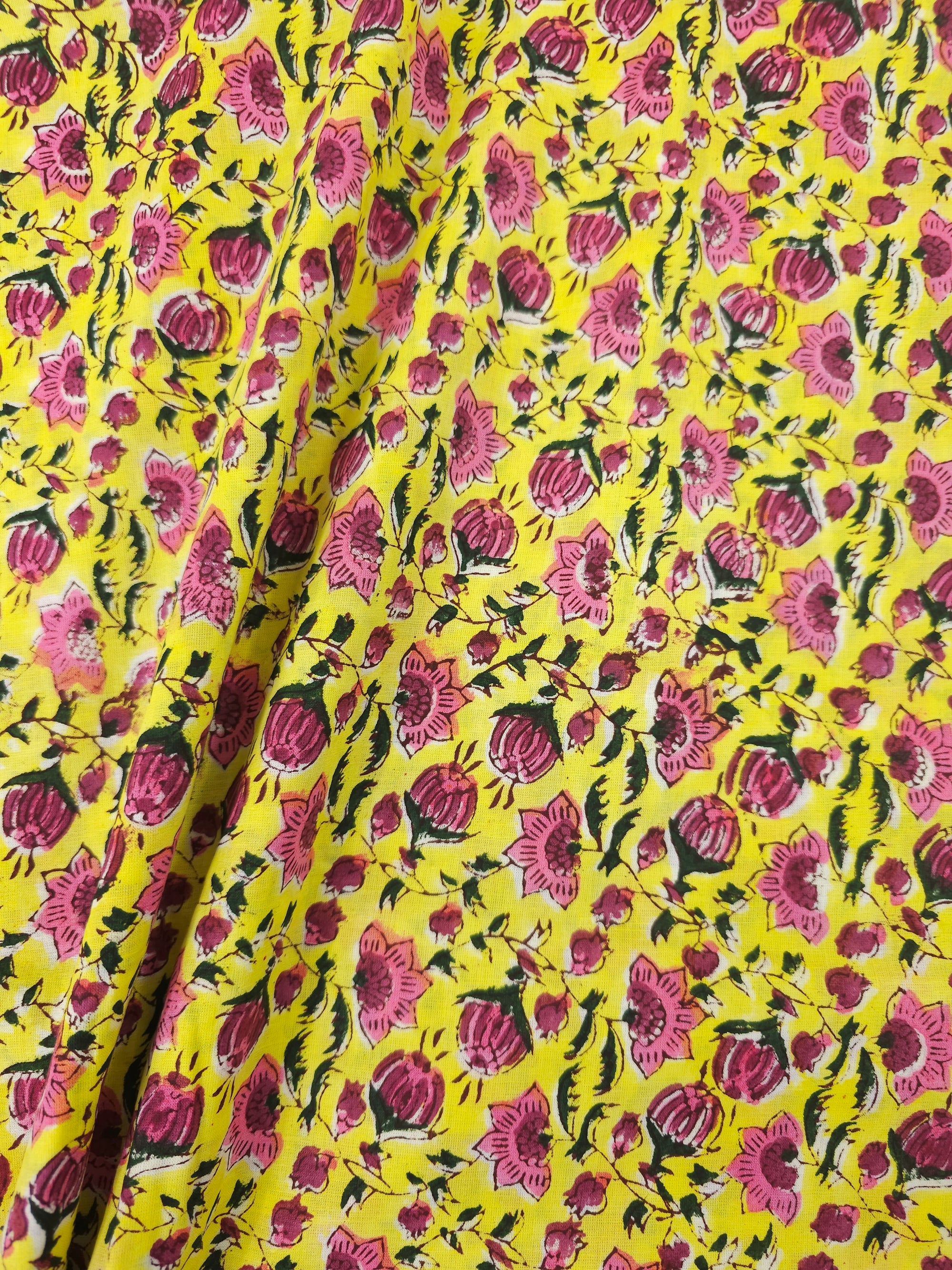 Magenta Pink/Yellow Floral Block Print Cotton