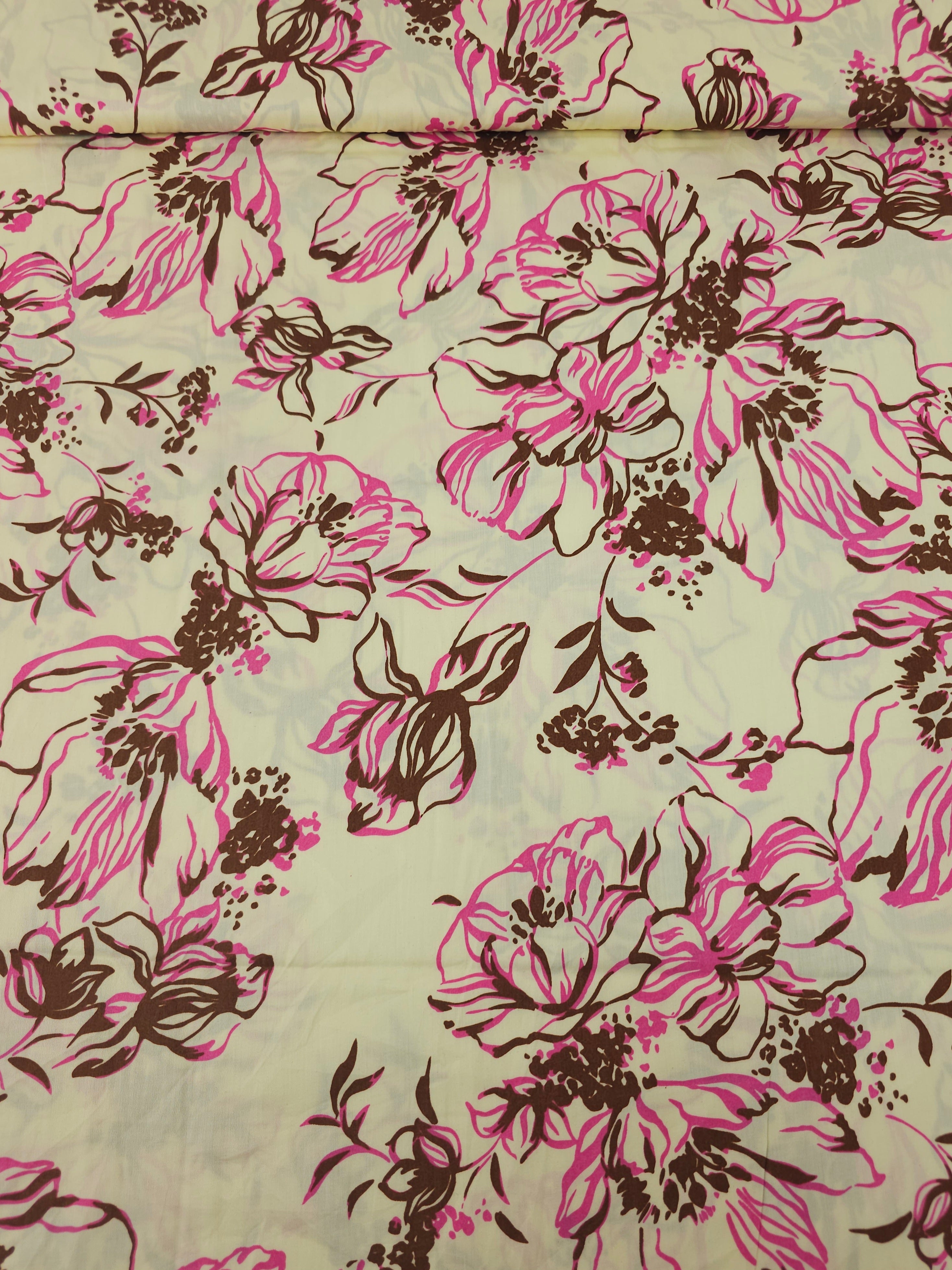 Pink/Brown On Creamy Yellow Sketch Wildflower Cotton Satin 60"