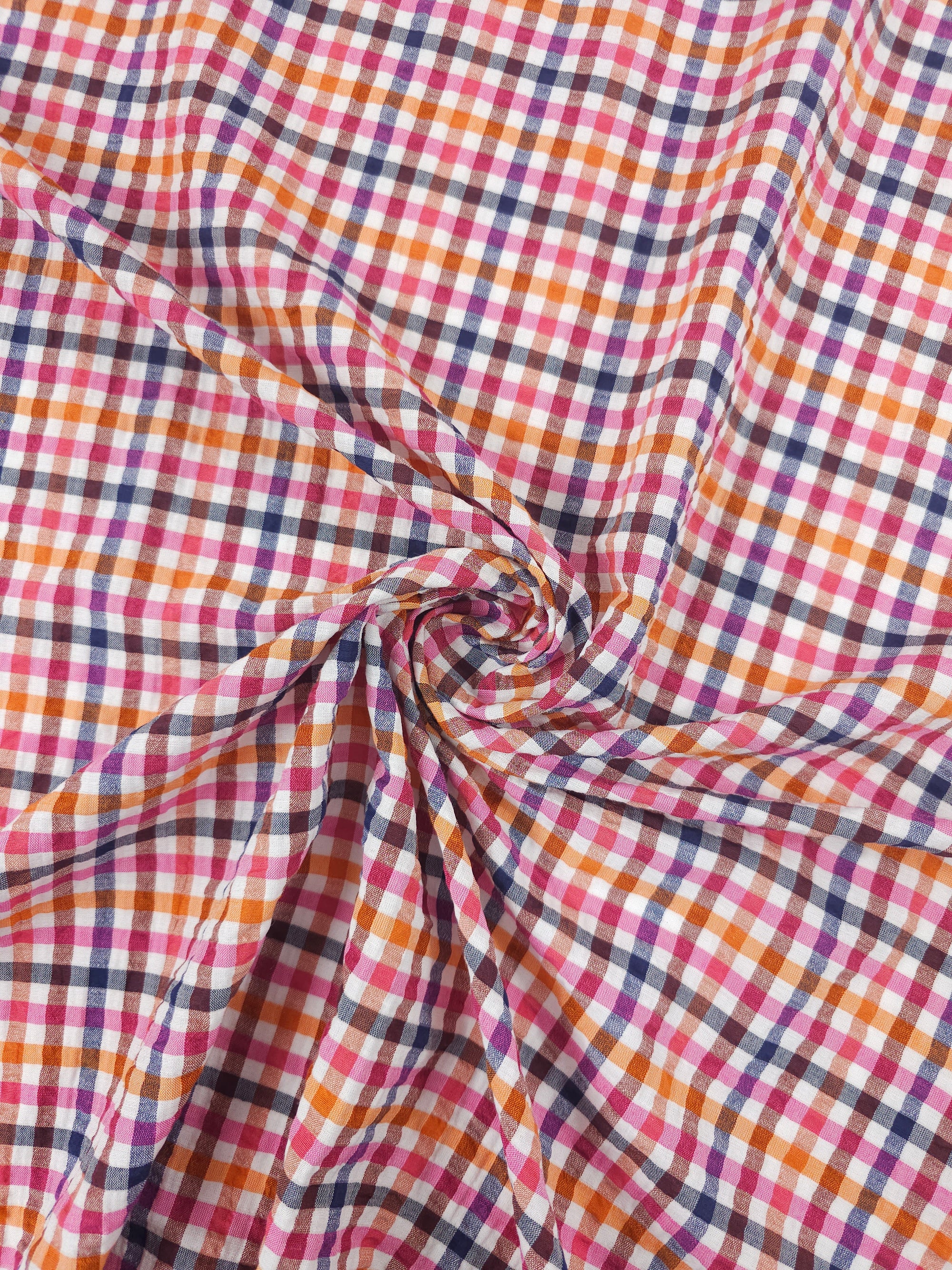 Orange/Pink/Navy Gingham Crinkle Cotton