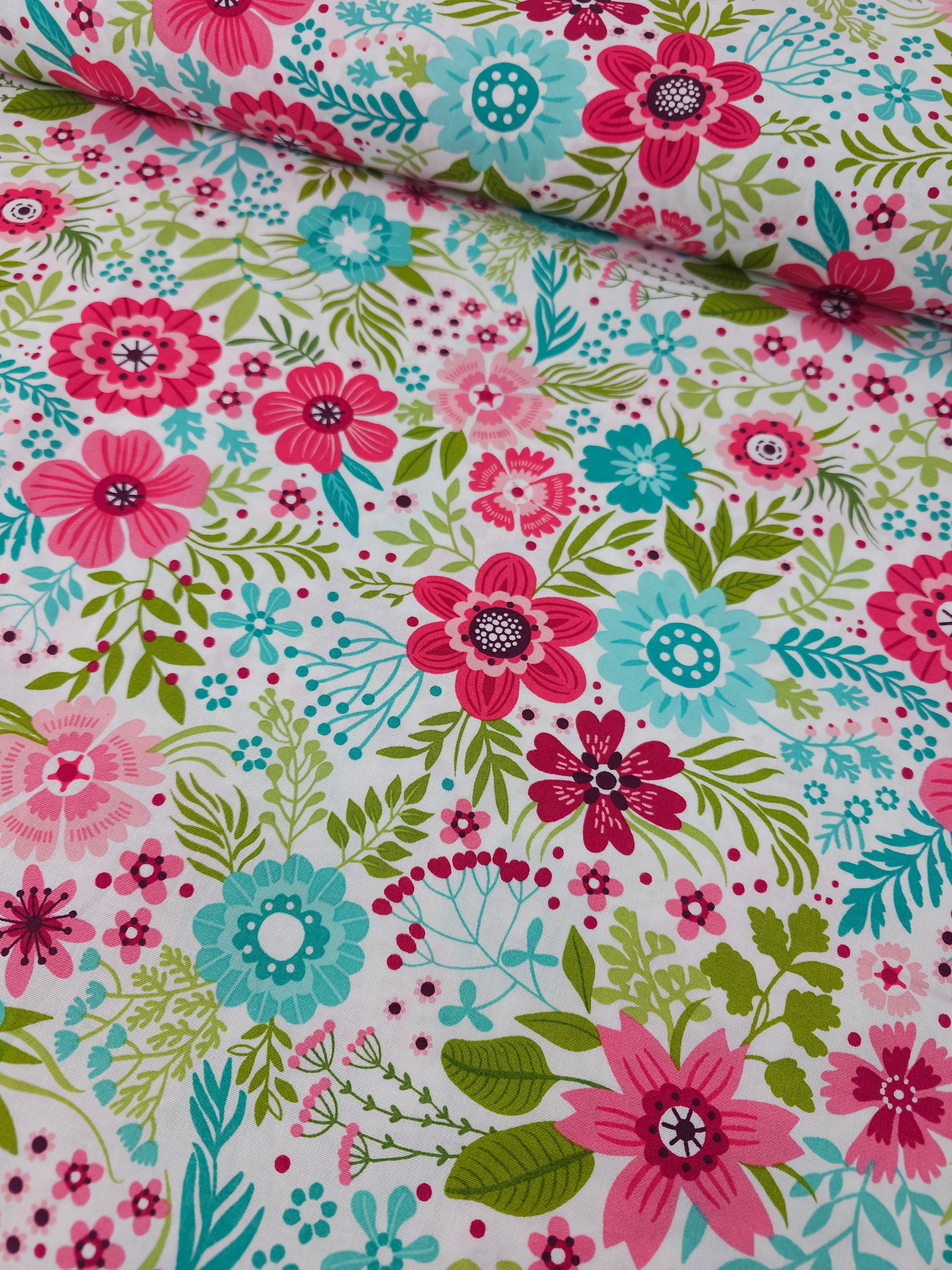 Pink/Blue Cottage Garden Floral 100% Cotton - Benartex