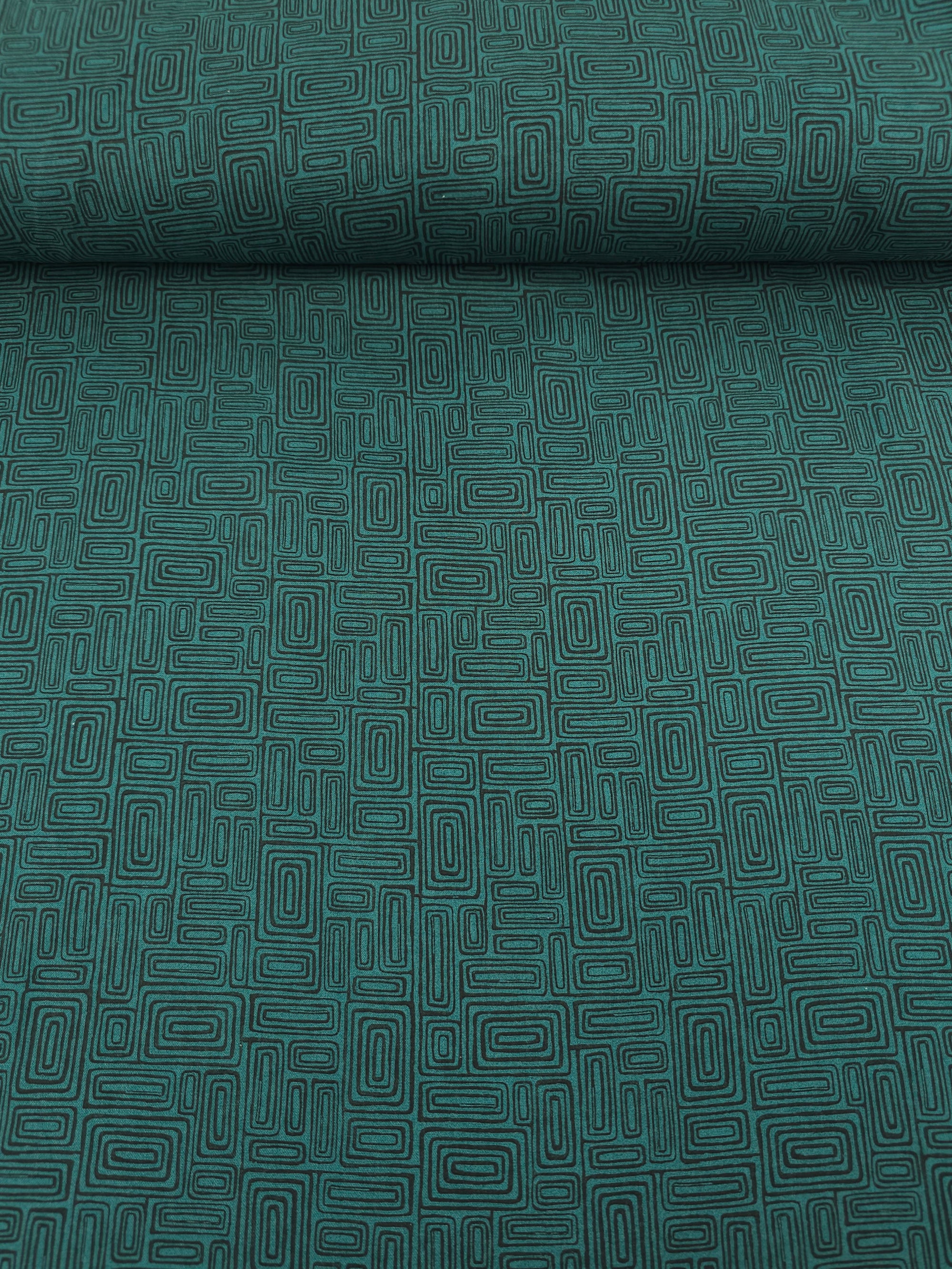 Dark Green Abstract Rectangle Doodle 100% Cotton - Benartex