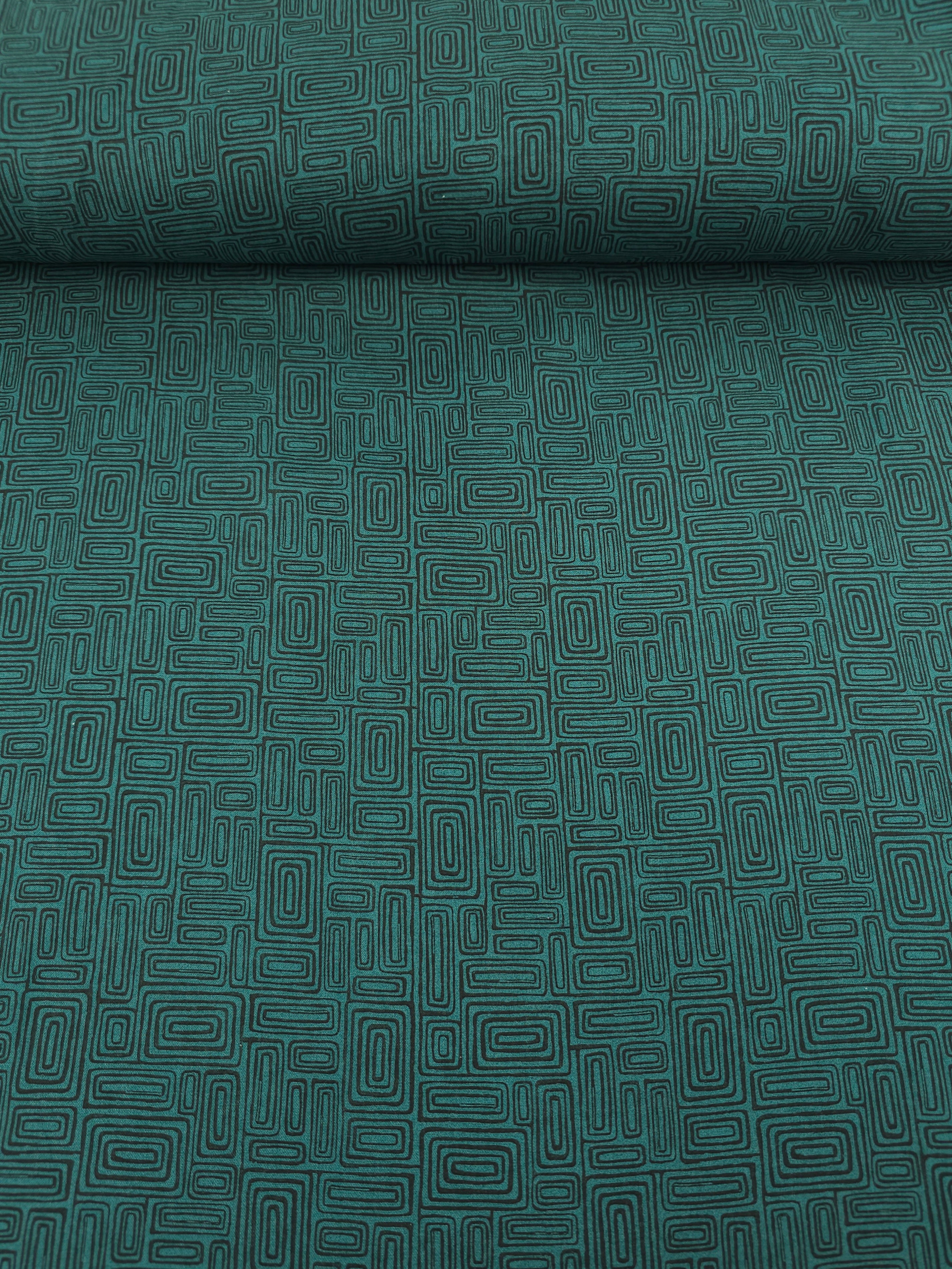 Dark Green Abstract Rectangle Doodle 100% Cotton - Benartex