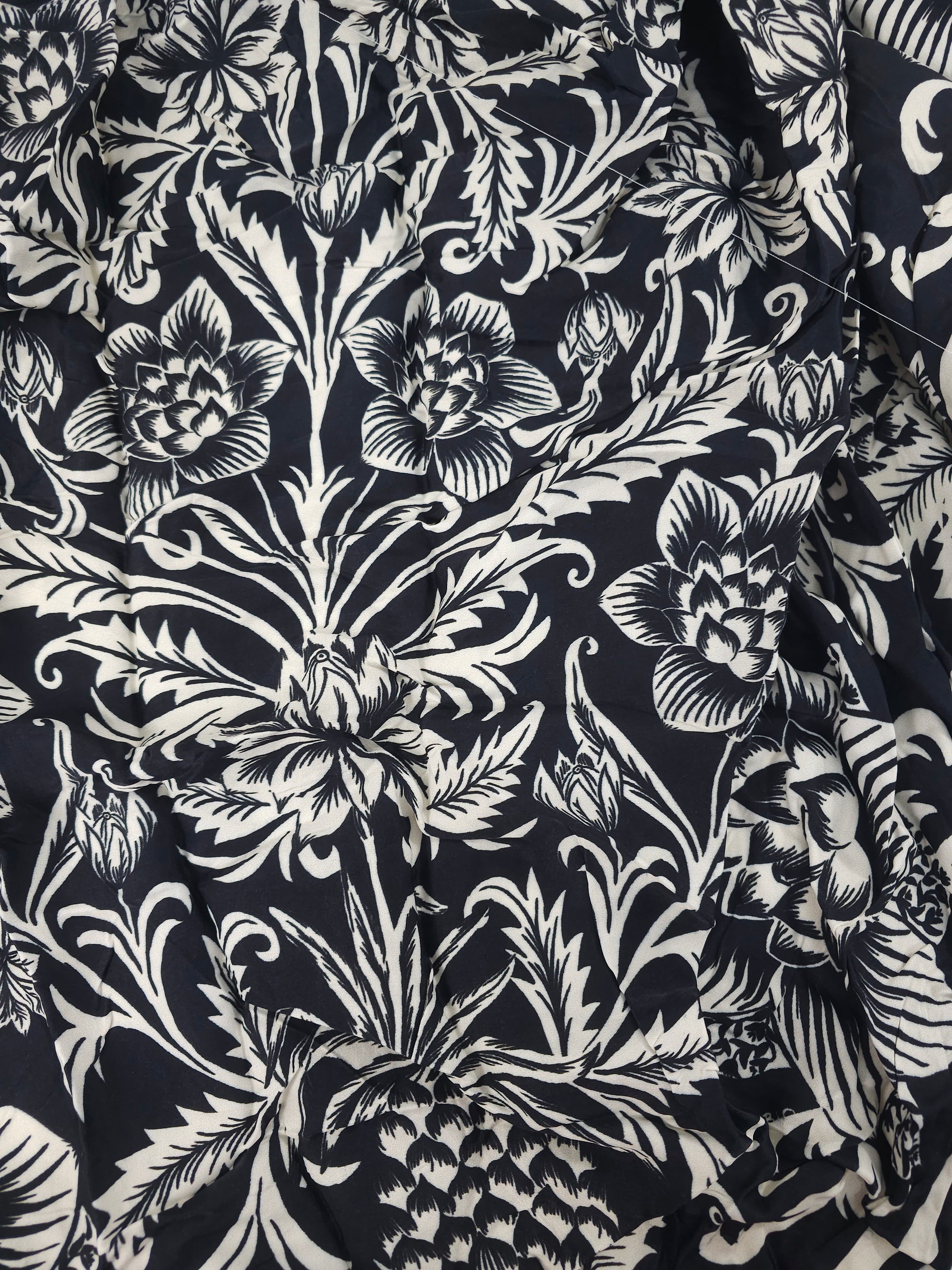 Black traditional flower Viscose sateen- 1.9m piece
