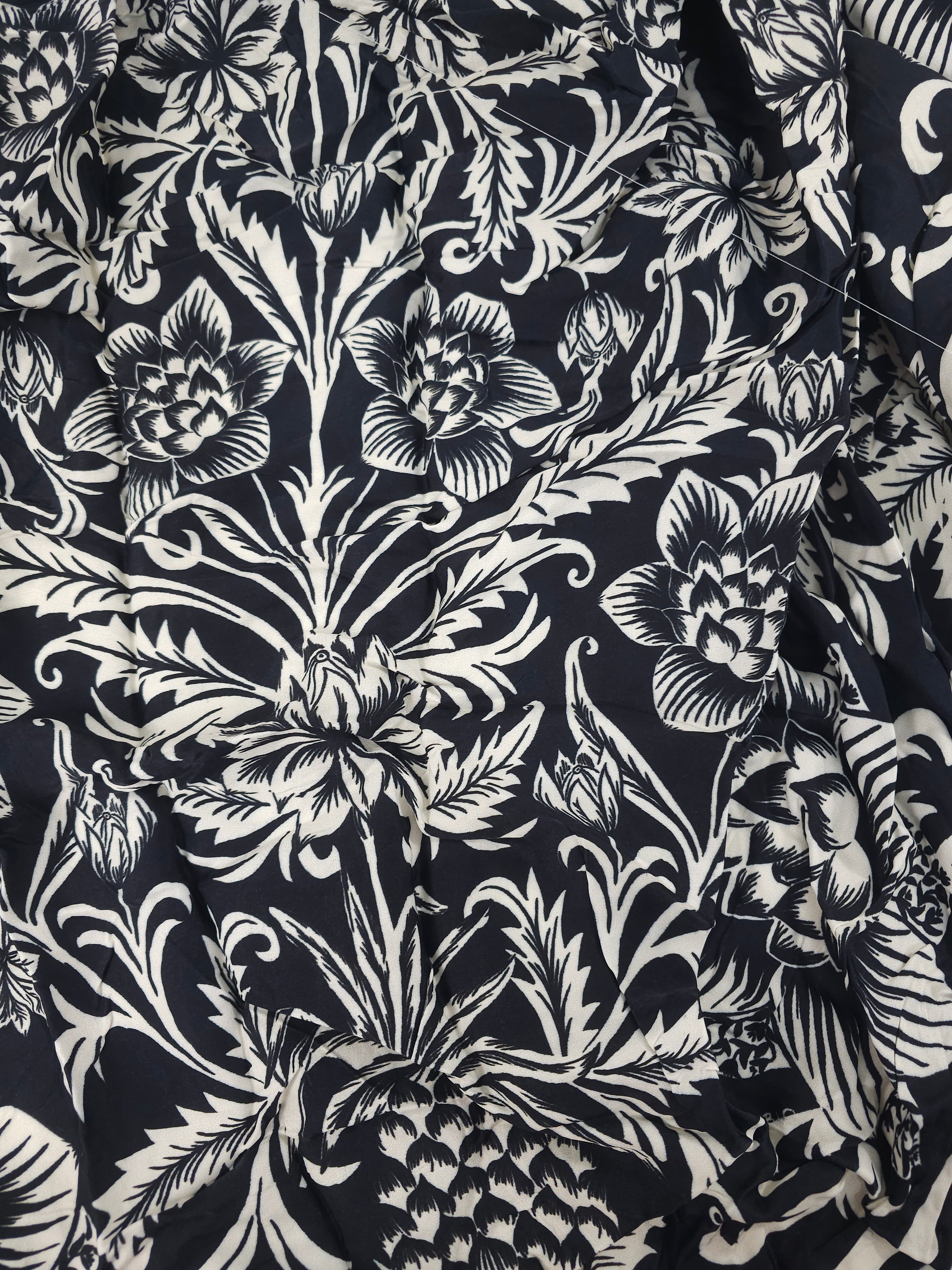 Black traditional flower Viscose sateen- 1.9m piece