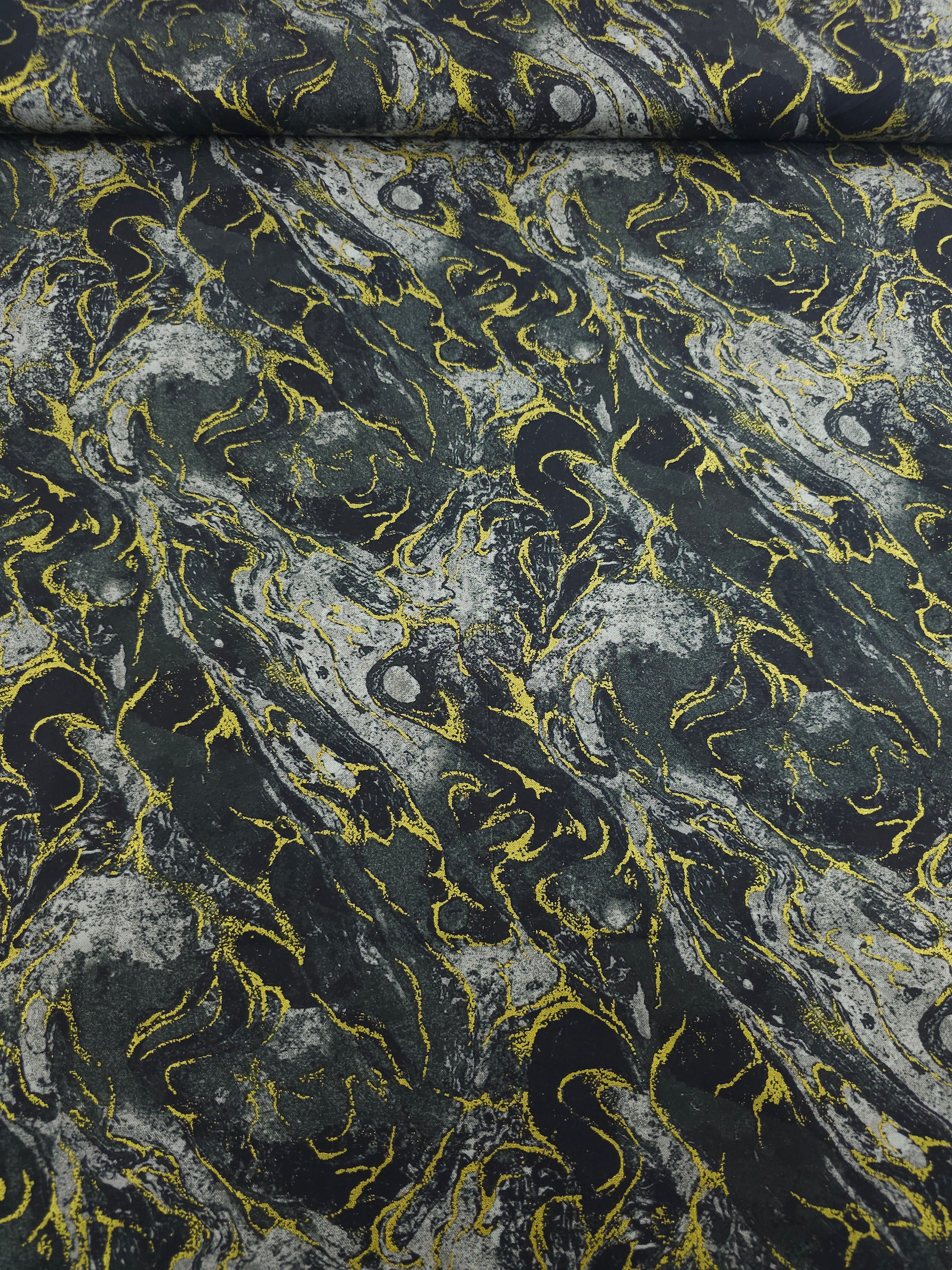 Charcoal/Gold Marble 100% Cotton - Benartex