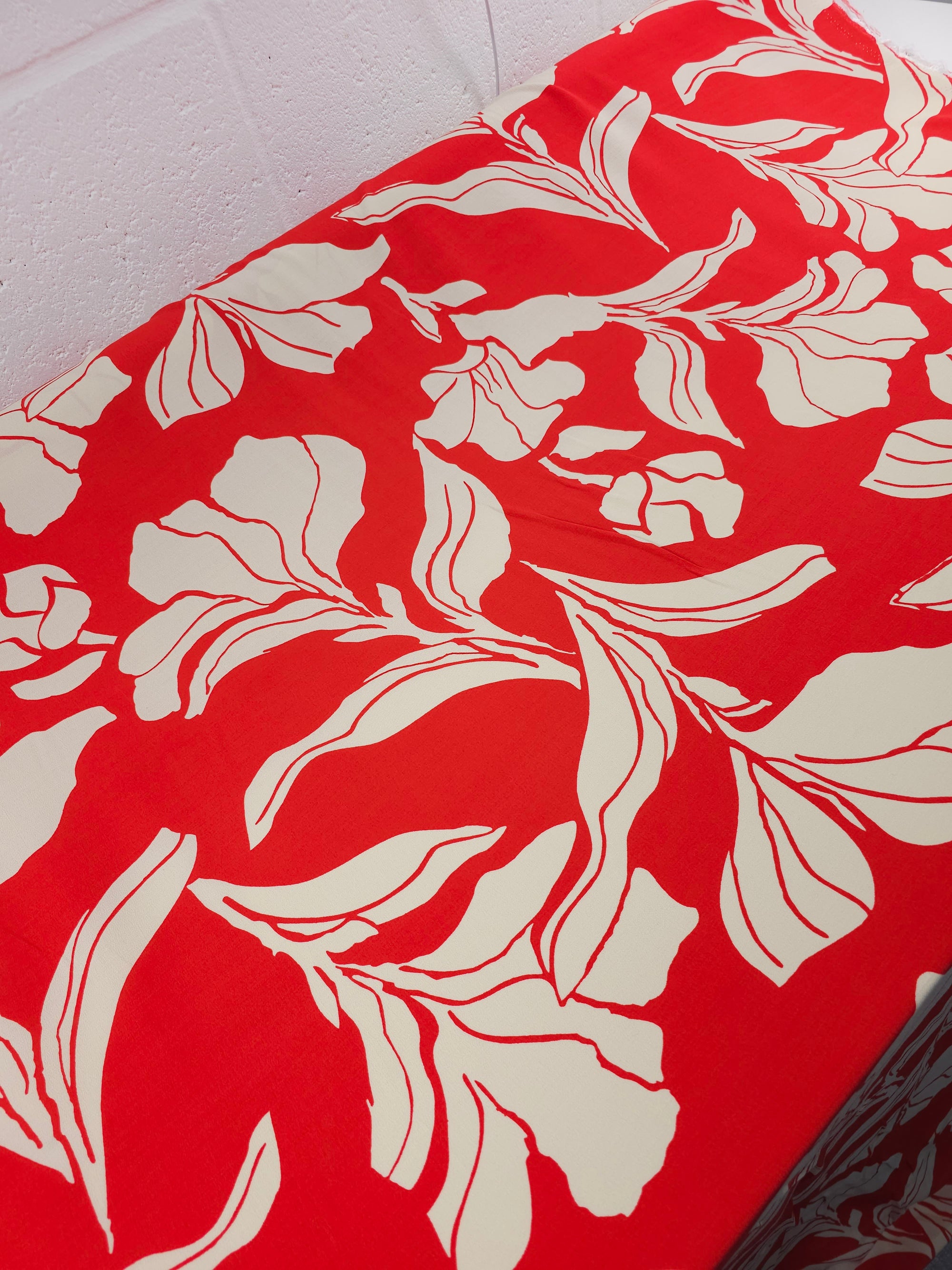 Red/Cream Large Flower Stem Viscose Crepe