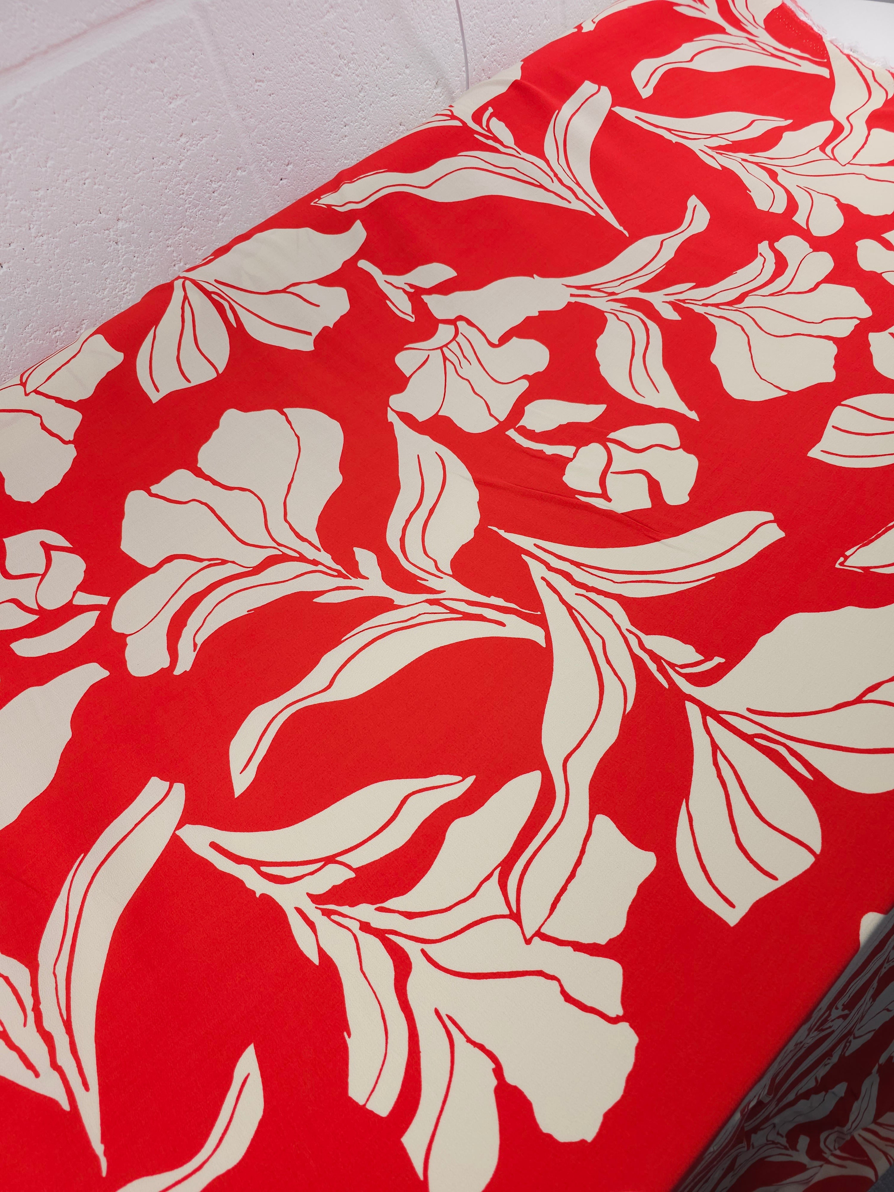 Red/Cream Large Flower Stem Viscose Crepe