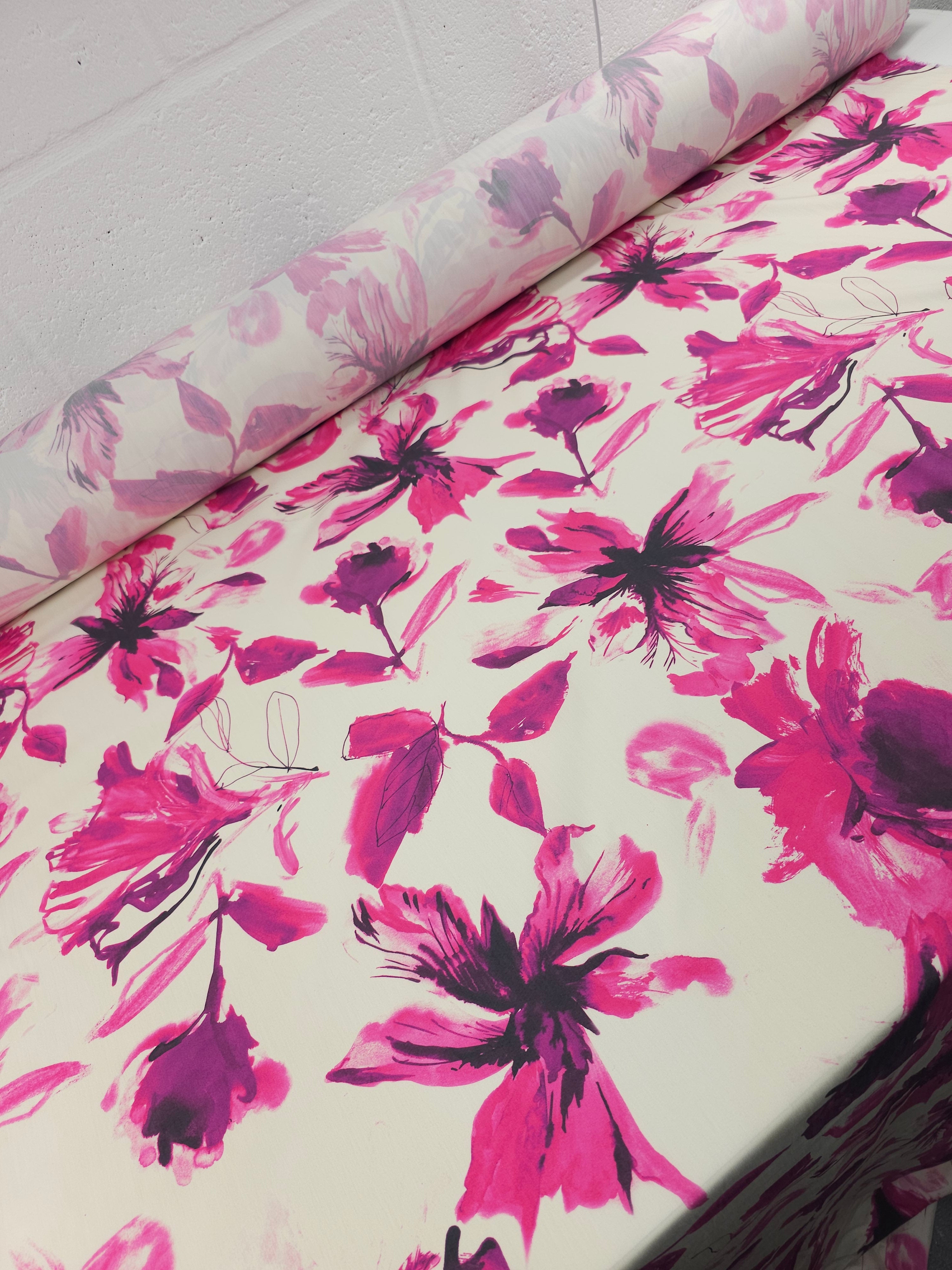 Cream/Magenta Watercolour Floral Lightweight Cotton Stretch