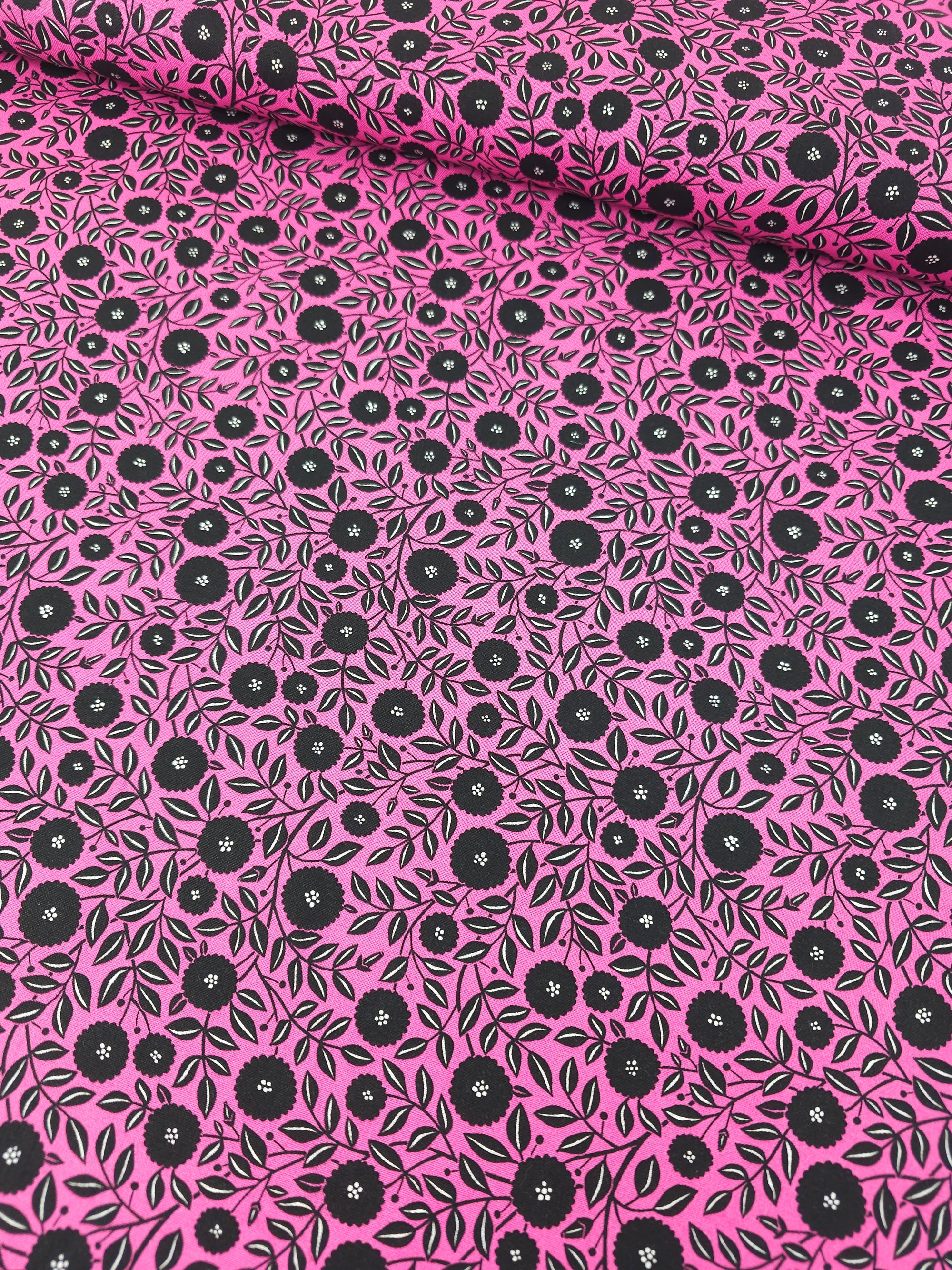 Fuchsia Pink/Black Puff Floral 100% Cotton