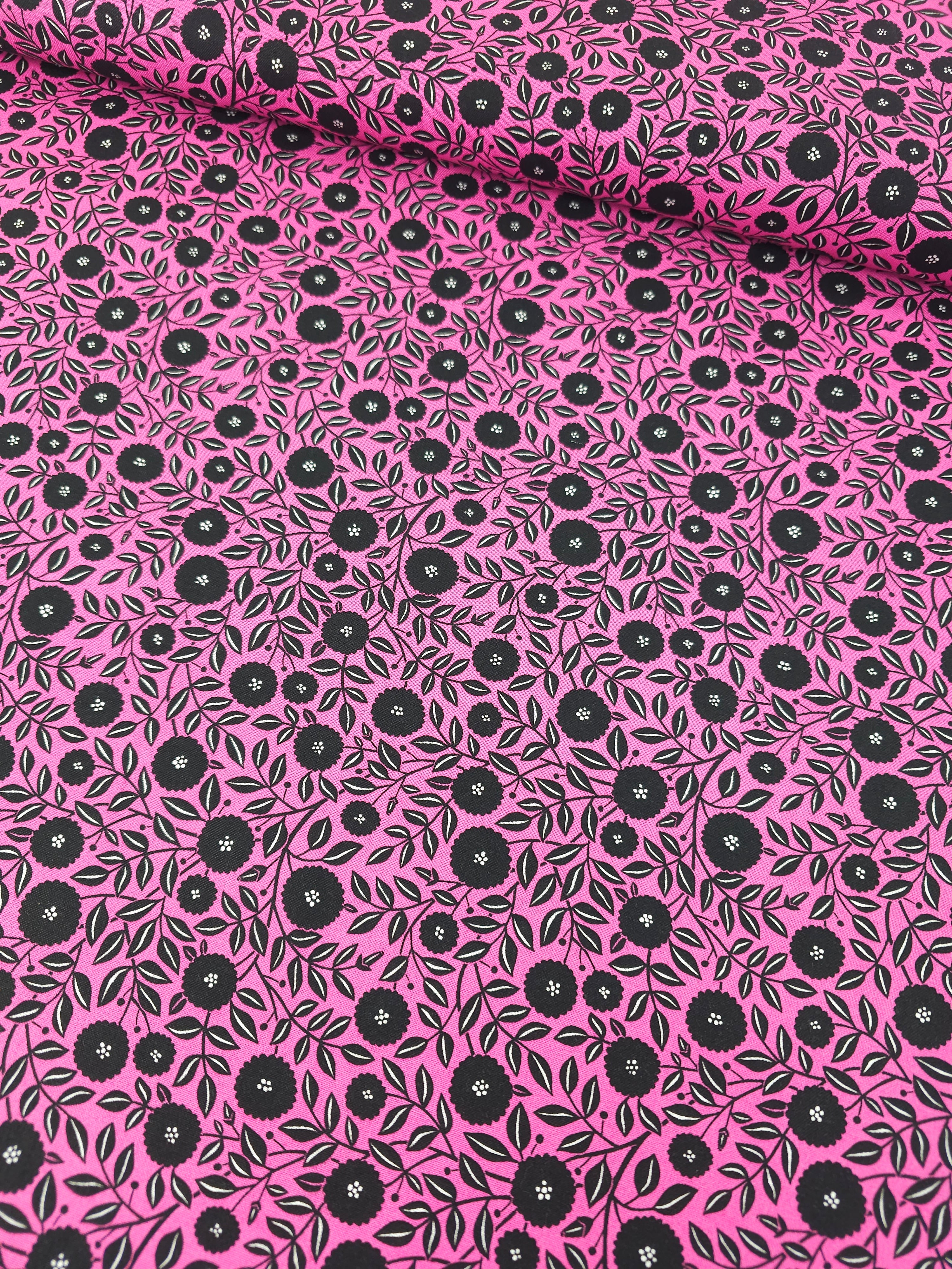 Fuchsia Pink/Black Puff Floral 100% Cotton