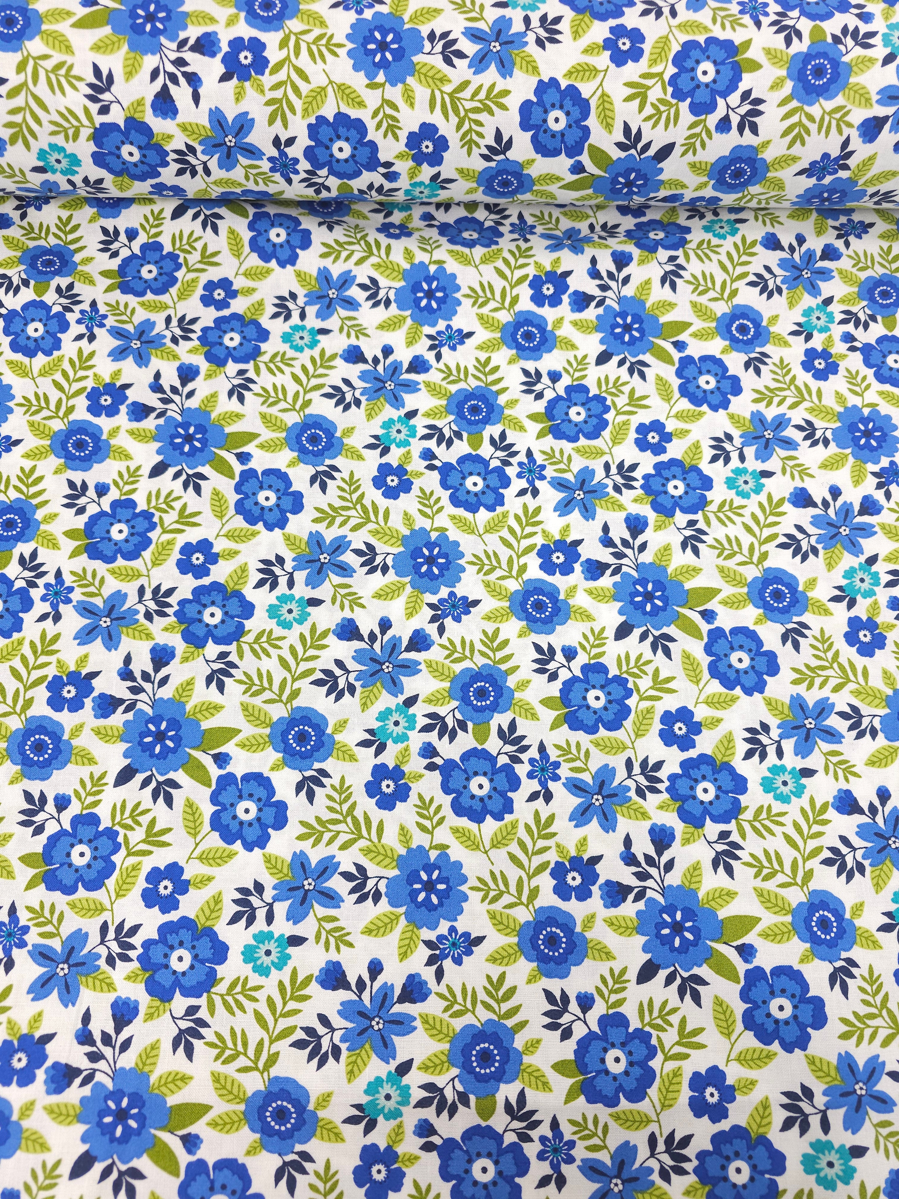 Blue/Lime Spring Bloom Floral 100% Cotton