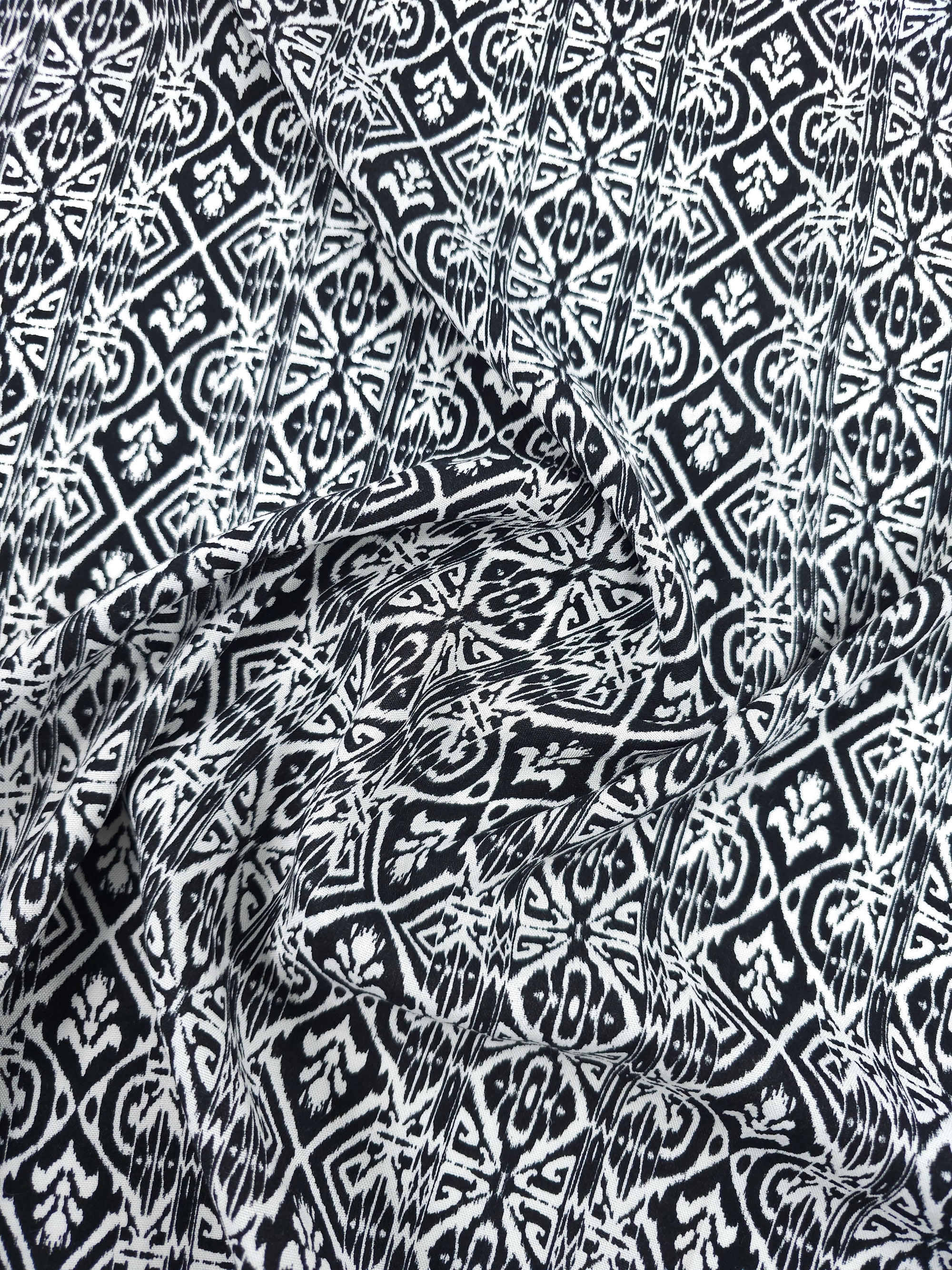 Black/White Static Damask Stripe Viscose Challis