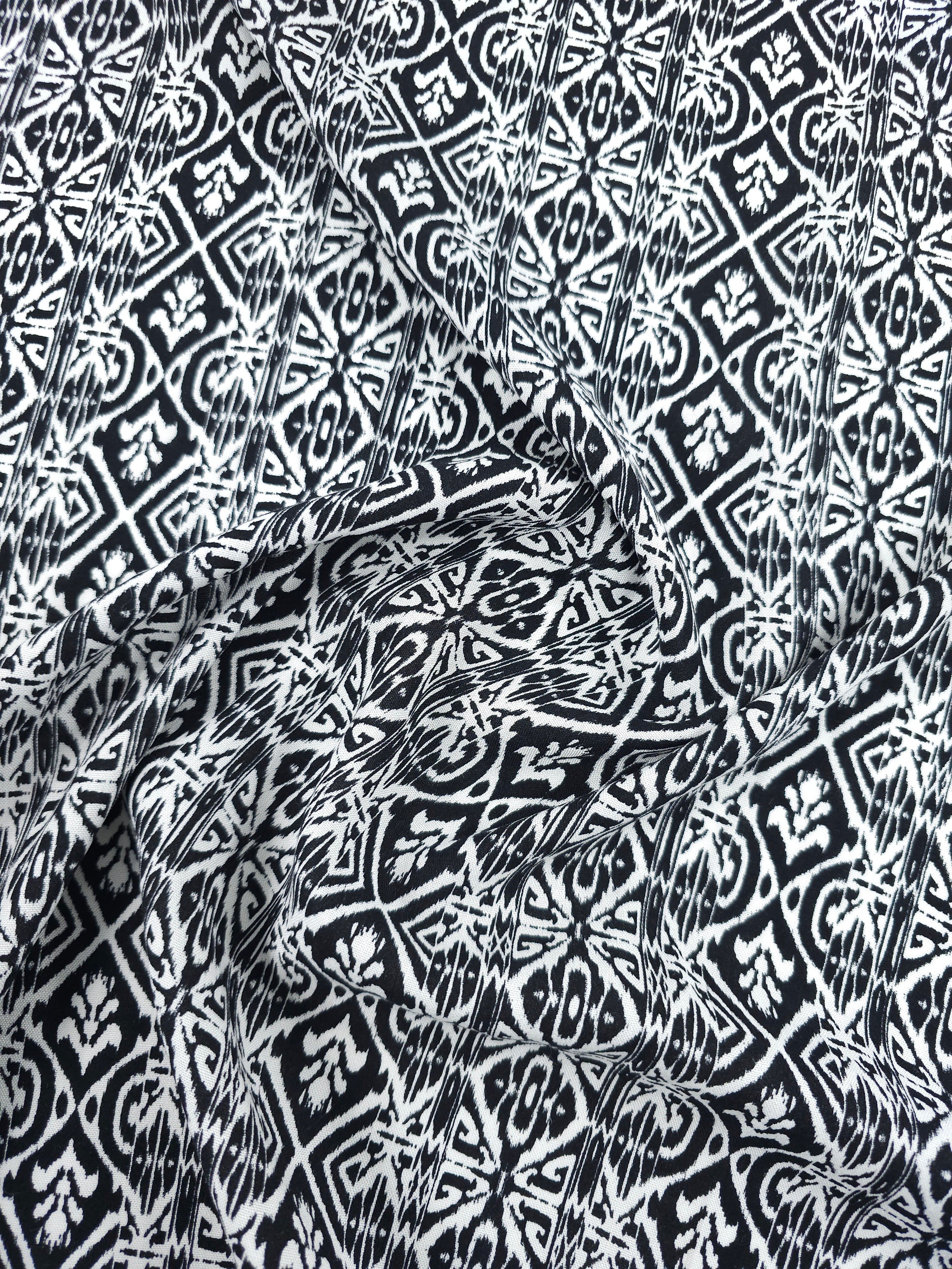 Black/White Static Damask Stripe Viscose Challis
