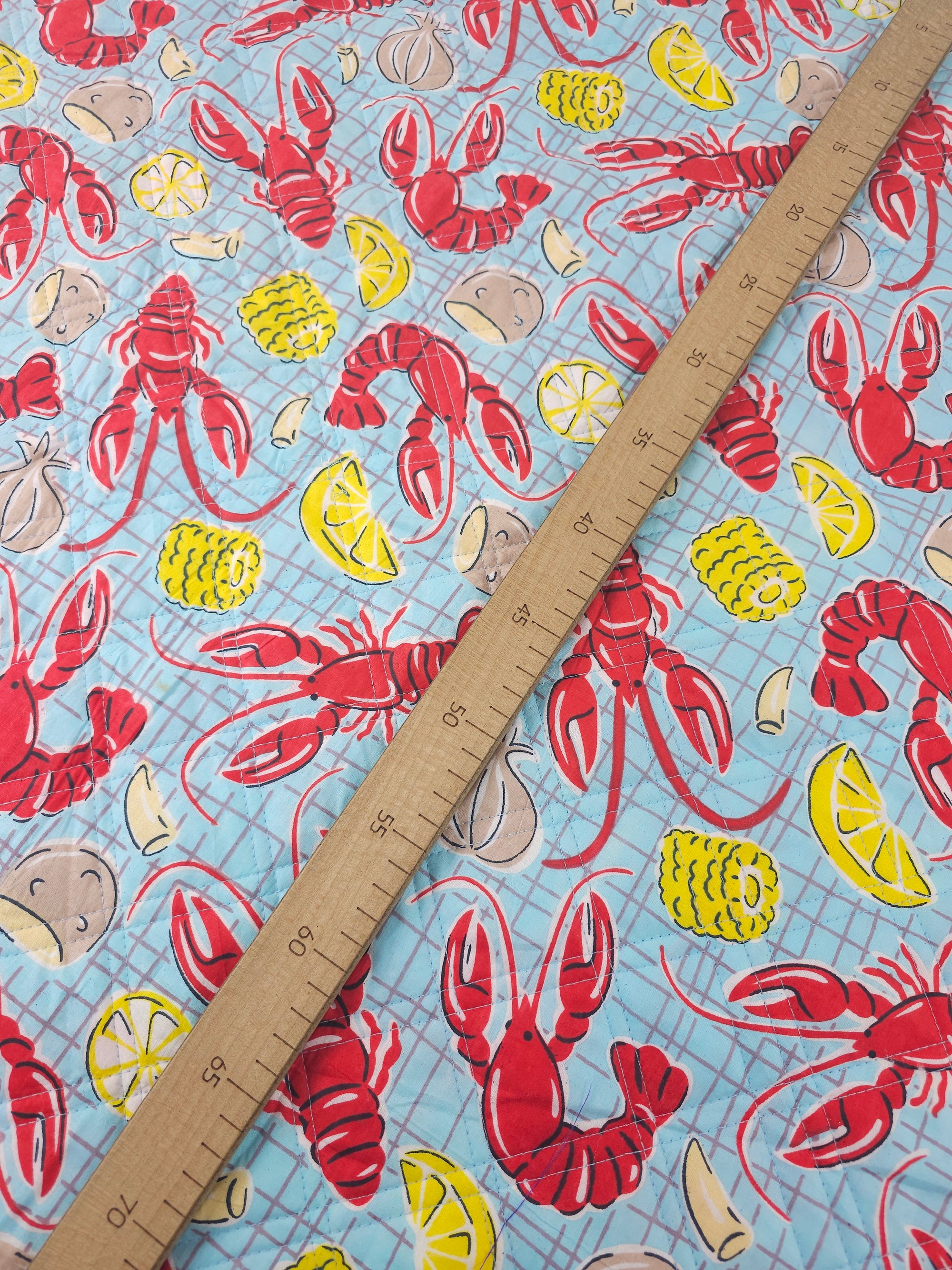 Light Blue Lobster Boil Quilted Screen Print 1.35m Piece
