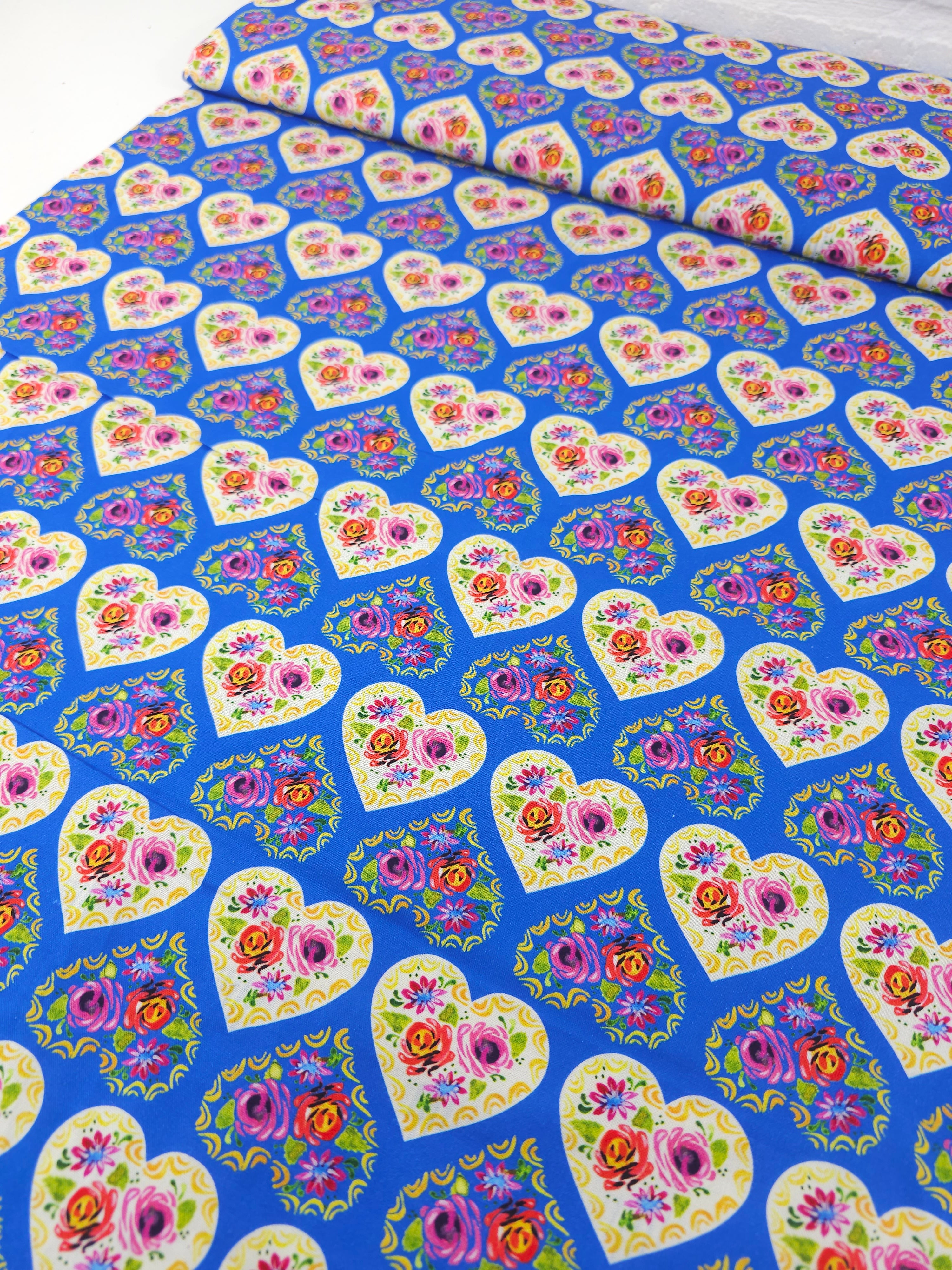 Blue Bohemian Floral Hearts 100% Cotton