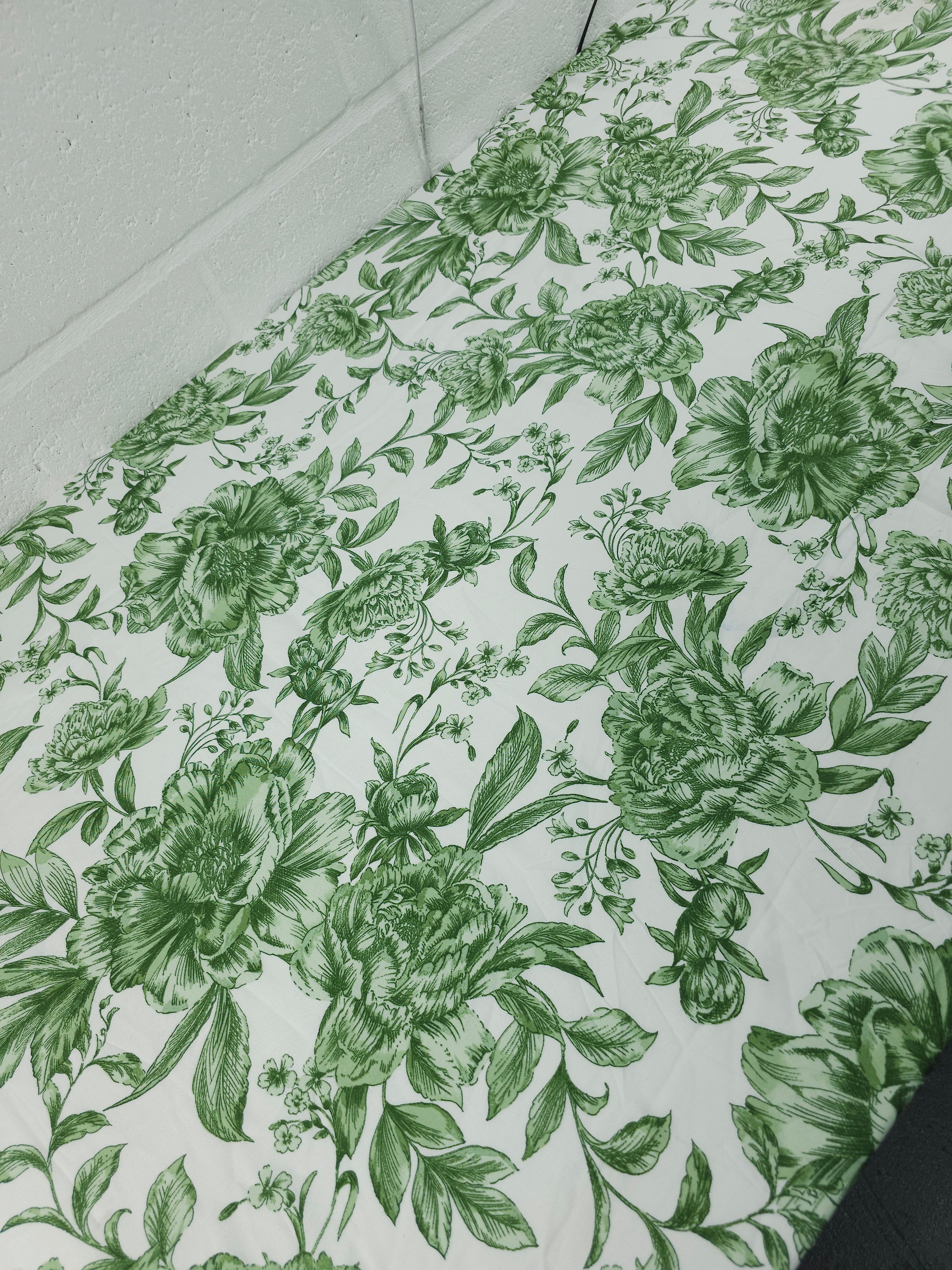 Sage Green/White Large Floral Meadow Viscose Challis