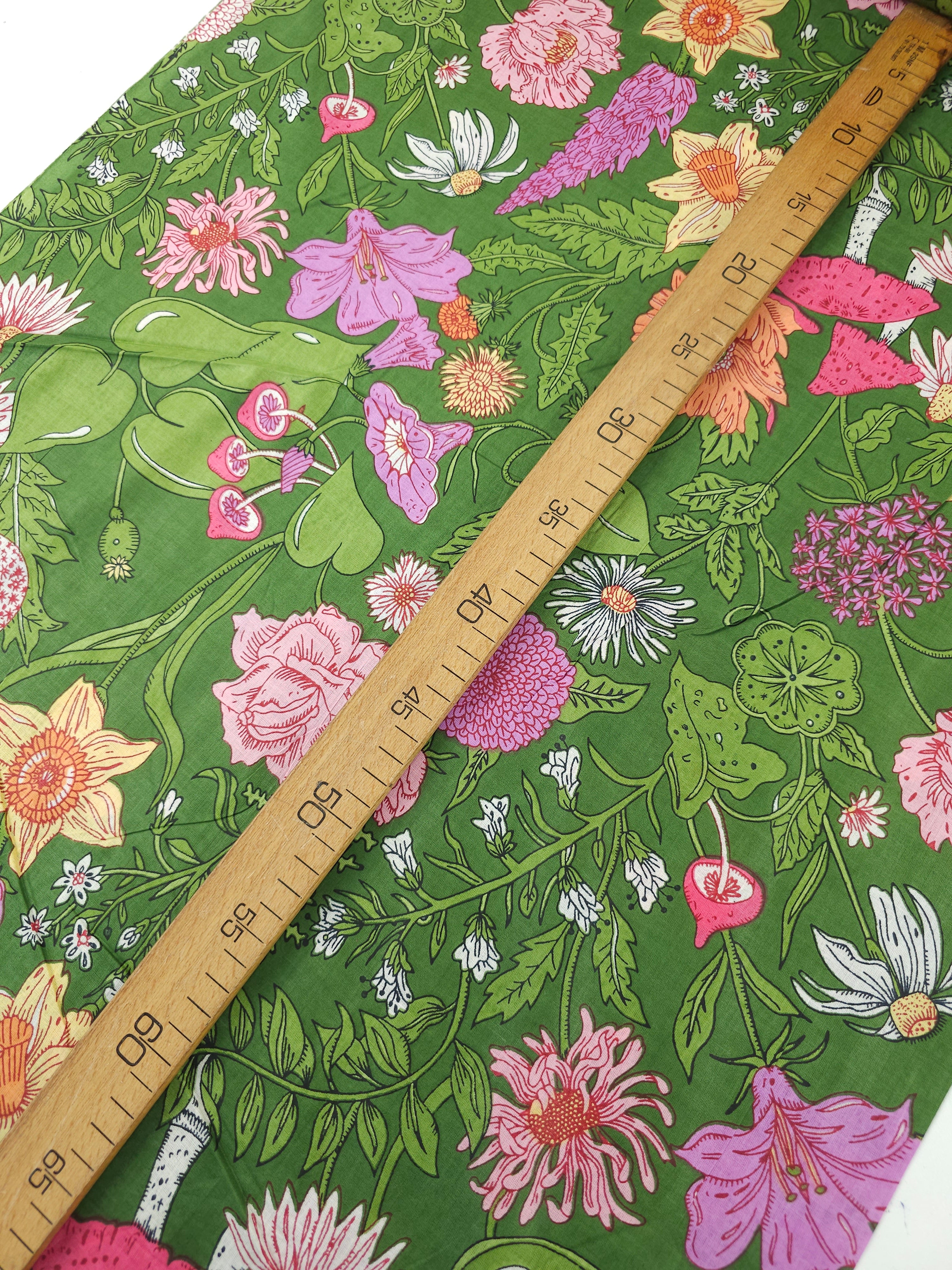 Green Floral Shroom Field Cambric Cotton