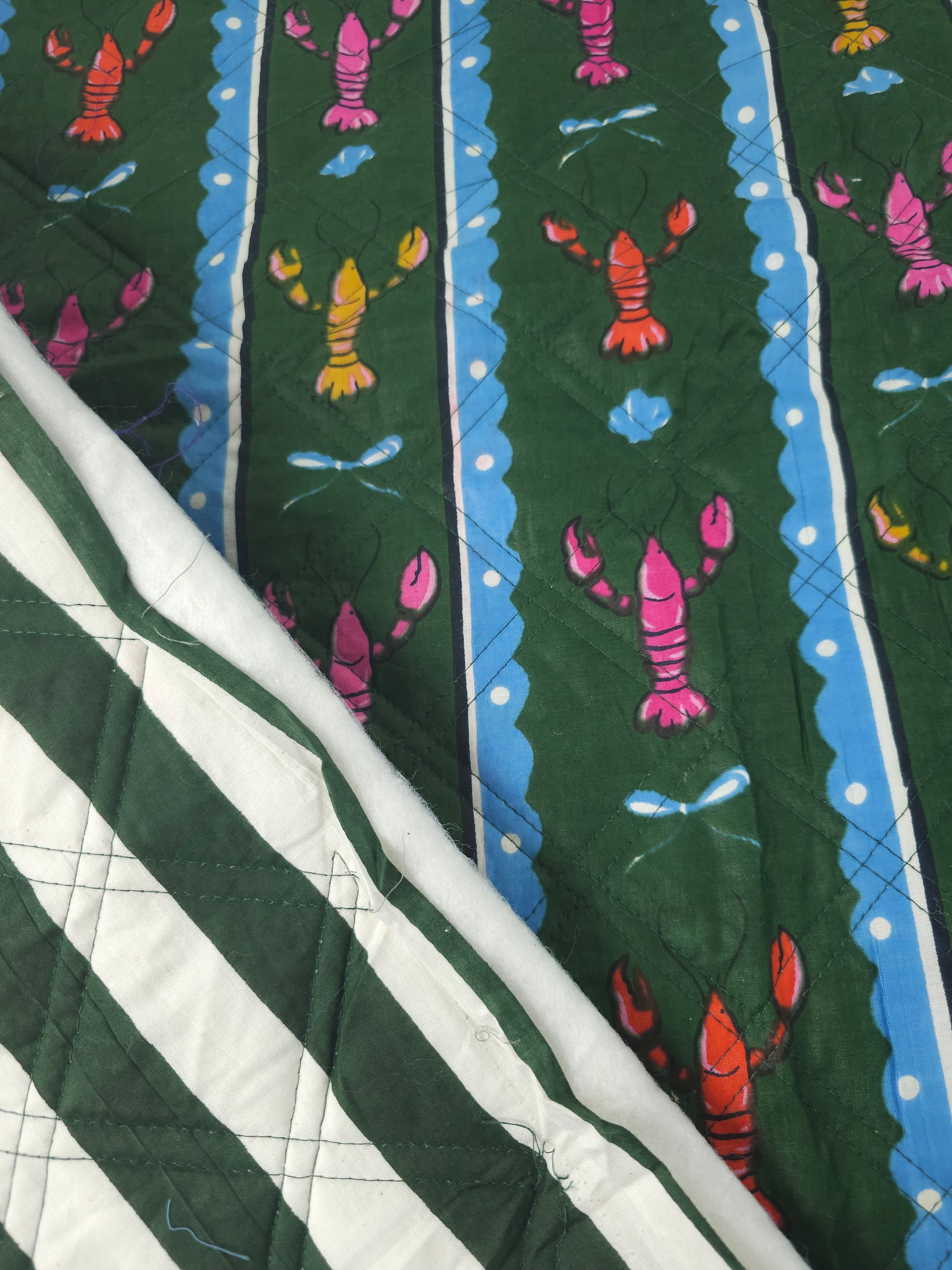 Green Lobster Stripe Quilted Screen Print - 1.35m Piece